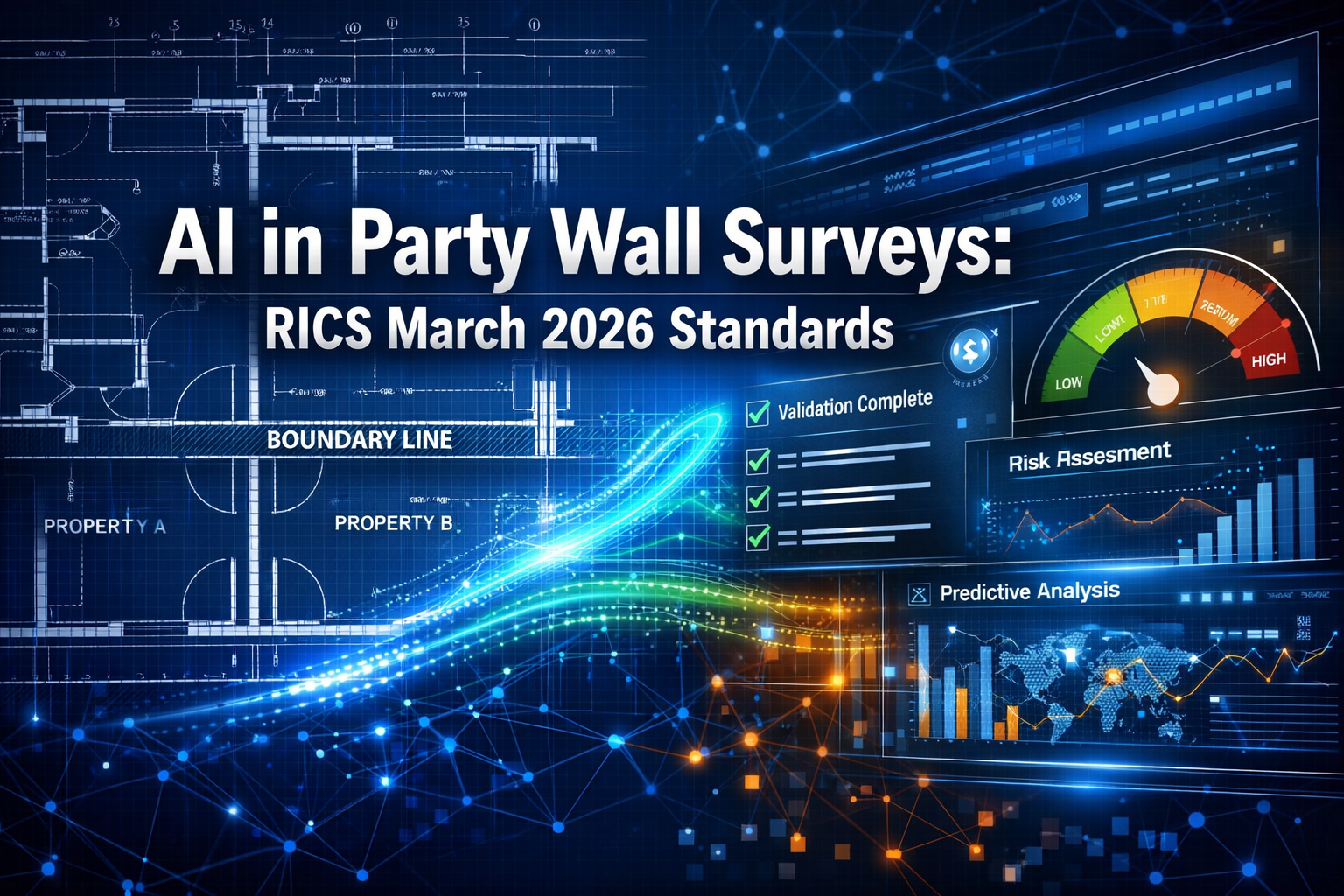 Professional () hero image with 'AI in Party Wall Surveys: RICS March 2026 Standards' in extra large white with dark ,