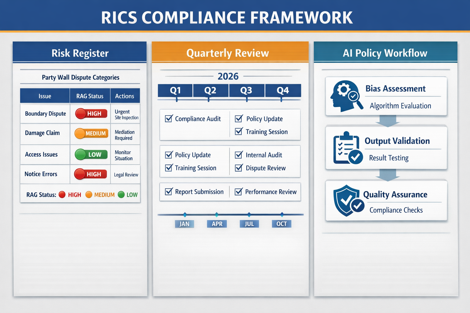 () detailed infographic showing RICS compliance framework with three distinct vertical pillars: left pillar displays risk