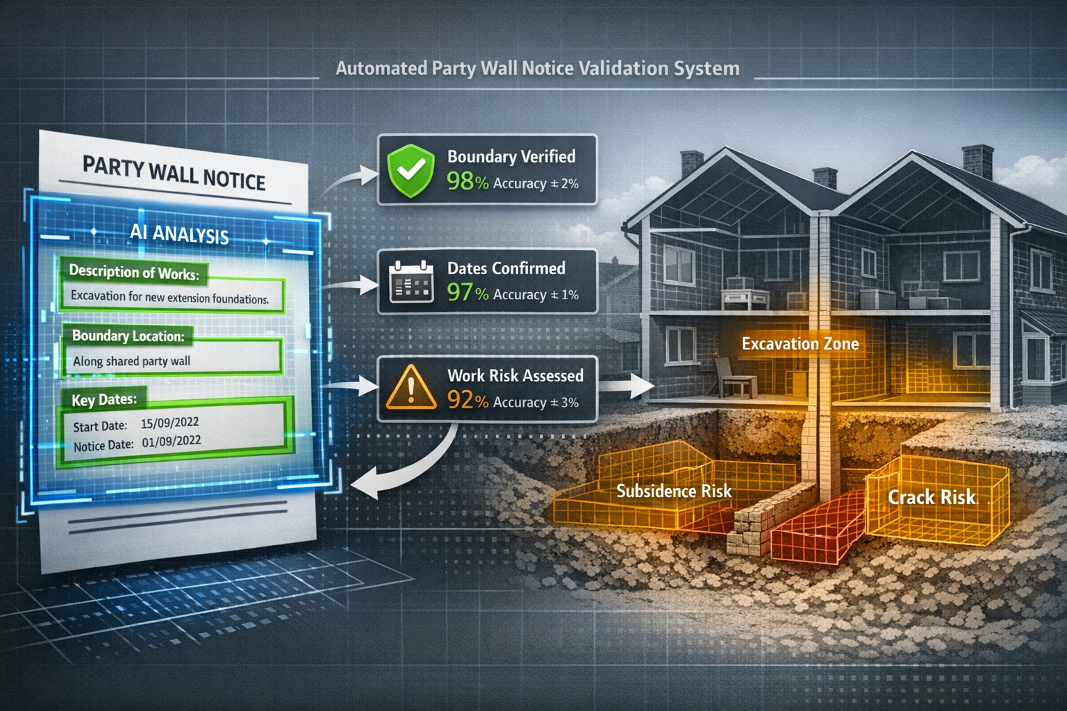 () technical illustration depicting automated party wall notice validation system in action: foreground shows digital party