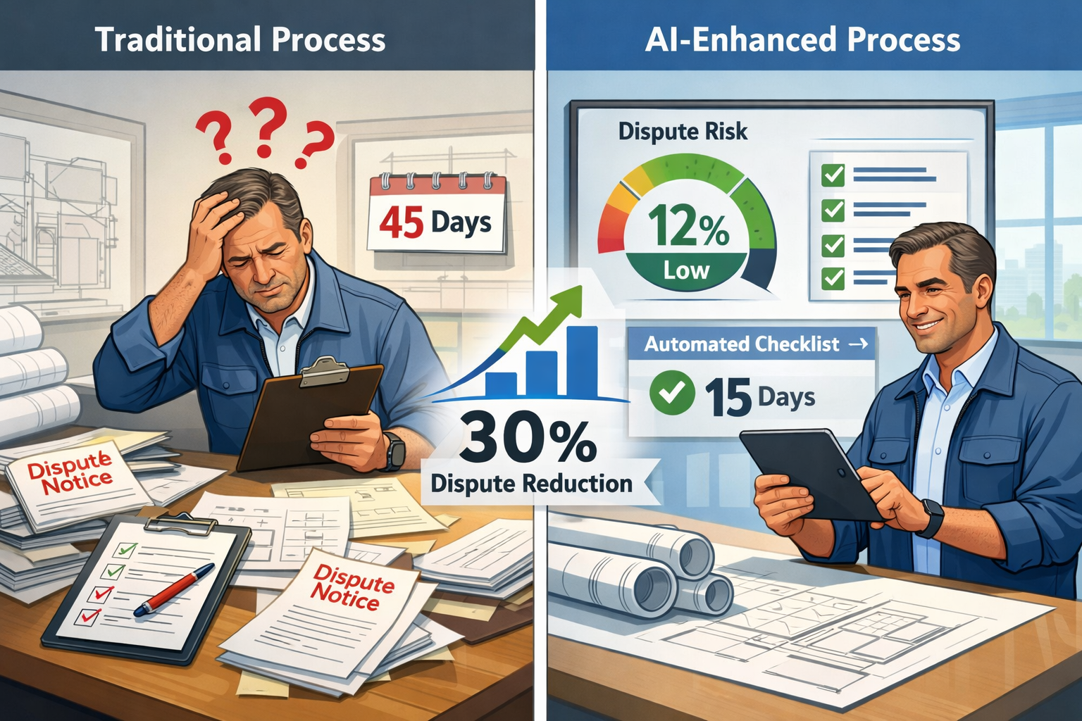 () before-and-after comparison visualization showing dispute prediction impact: left half labeled 'Traditional Process'