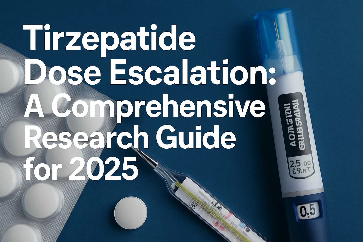 Professional landscape hero image (1536x1024) with bold text overlay: "Tirzepatide Dose Escalation: A Comprehensive Research Guide for 2025"