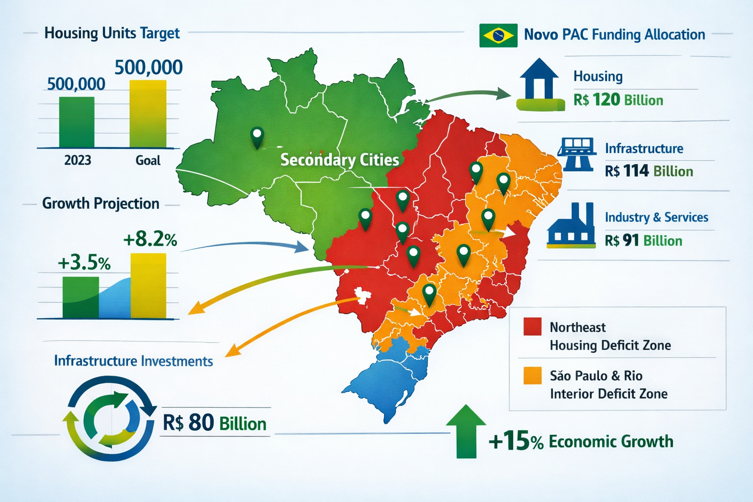 () professional infographic illustration displaying map of inland Brazil with highlighted secondary cities marked by