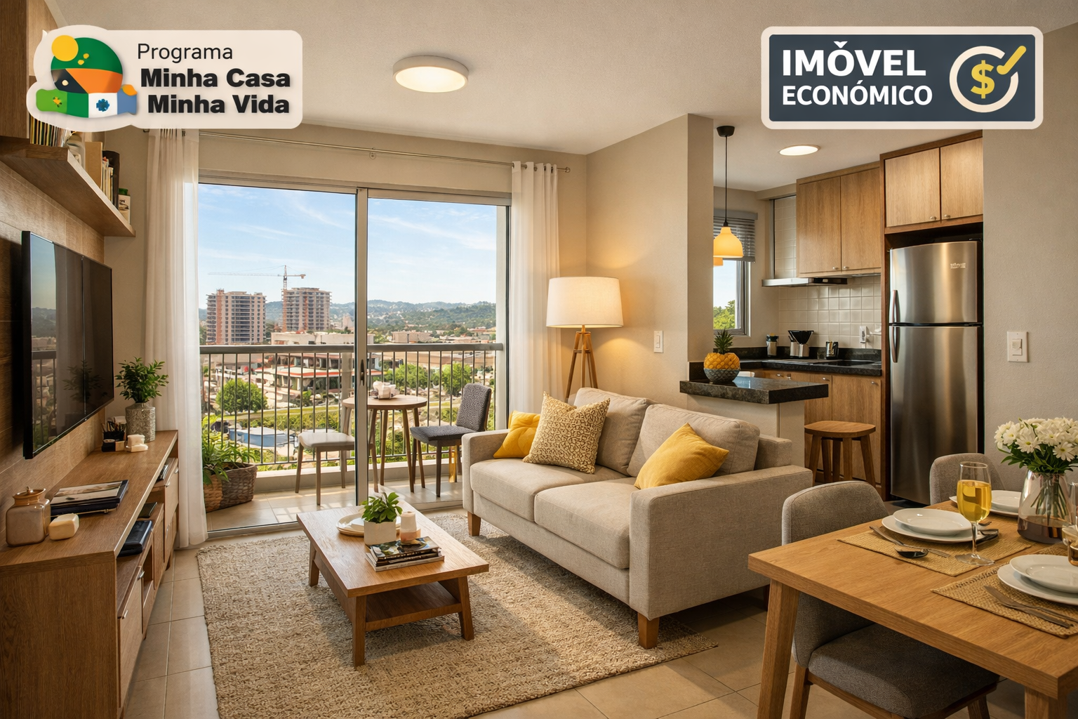 Detailed () interior architectural rendering of modern mid-tier apartment unit in secondary Brazilian city showing