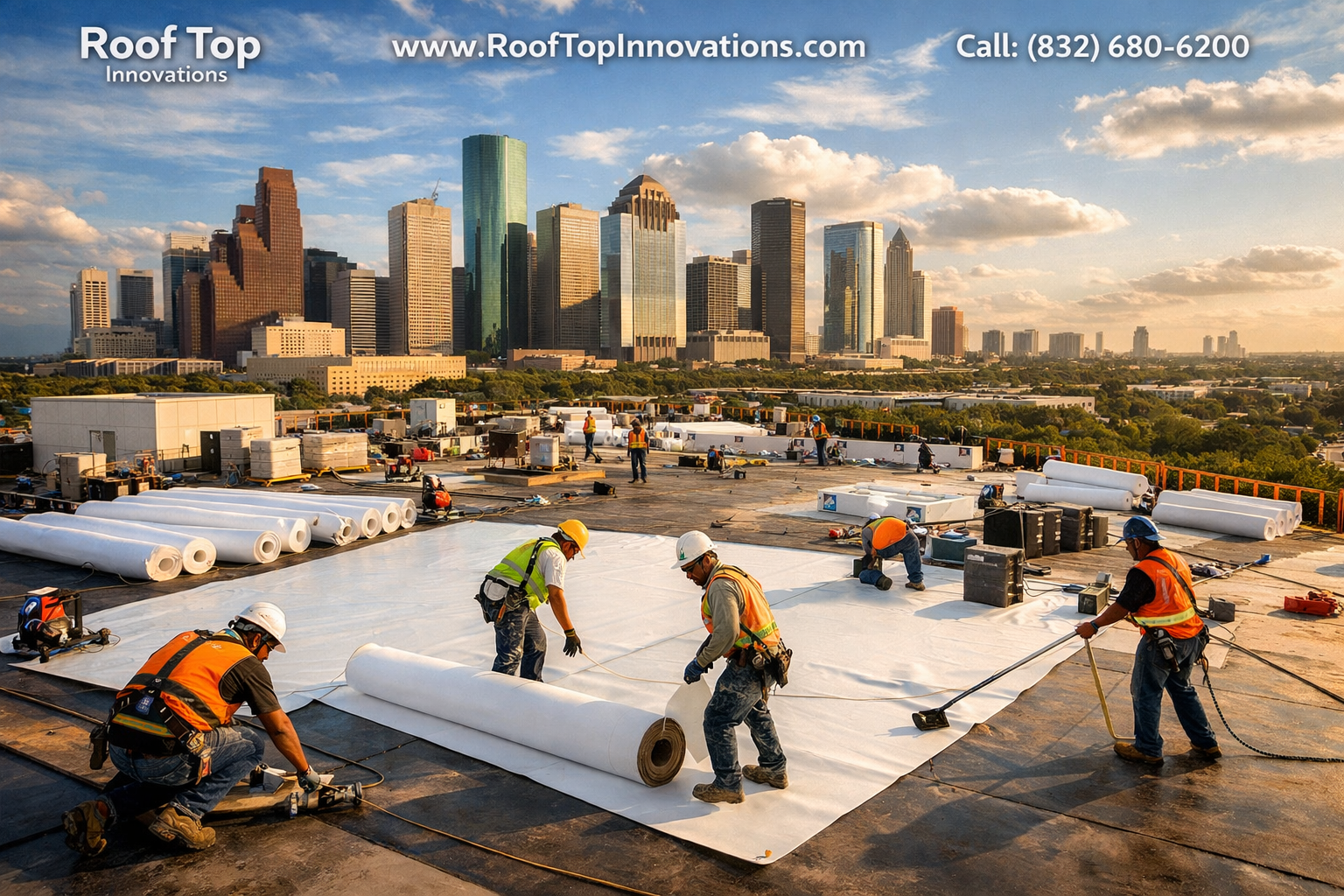 Detailed () image showing a Houston commercial roofing crew actively replacing a large flat TPO membrane roof on a