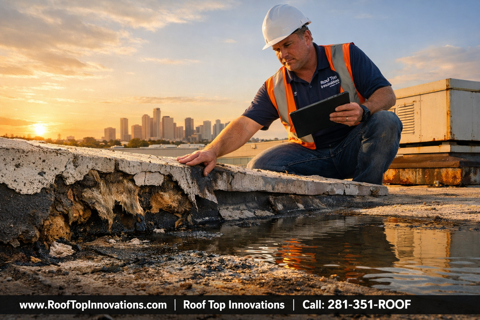 Detailed () image showing a roofing contractor in a hard hat and branded uniform conducting a commercial roof inspection on