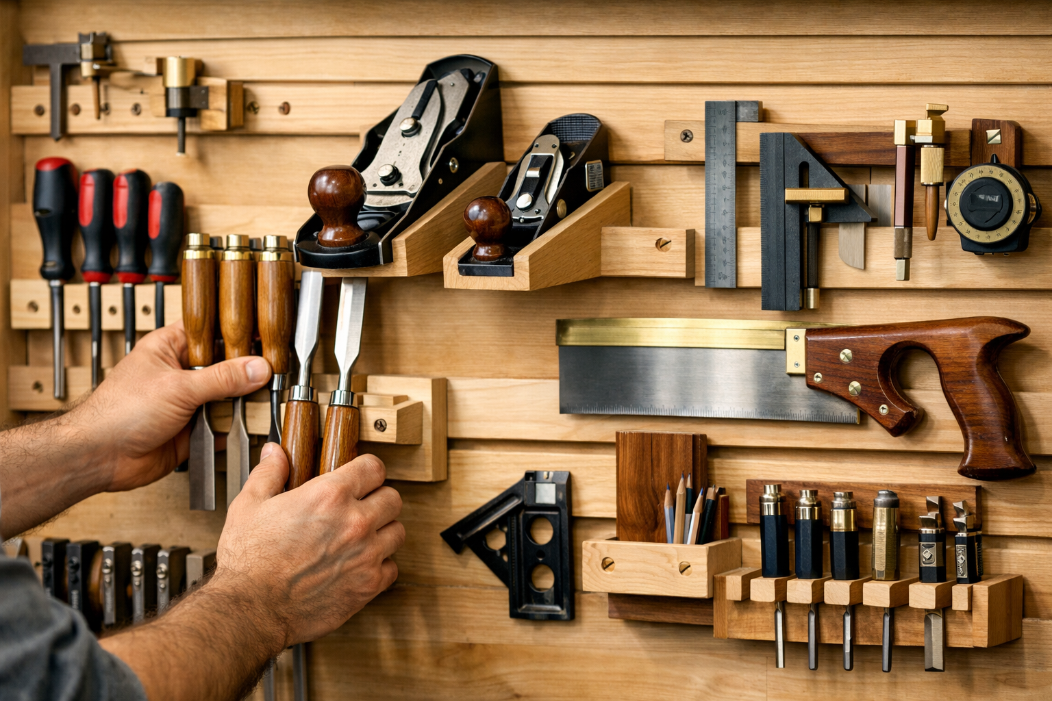 Detailed () image showing a close-up of a meticulously organized French cleat system on a workshop wall. Various hand tools