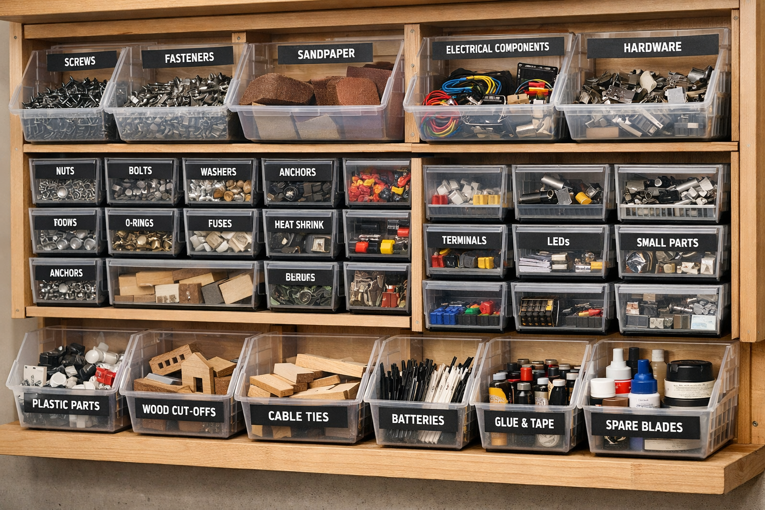 Detailed () image showcasing a modular wall-mounted storage system designed for workshop supplies and project parts. The