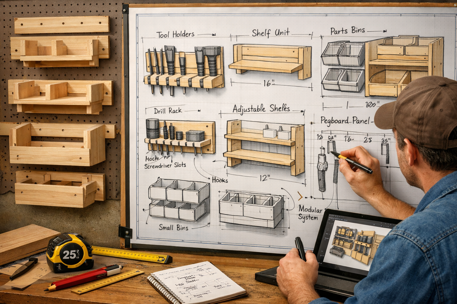 Detailed () image illustrating the planning and design process for wall-mounted workshop organizers. A person is seen