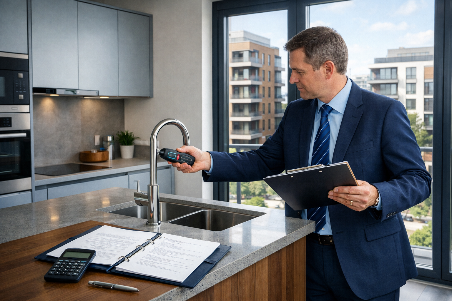 Landscape format (1536x1024) detailed illustration showing a professional chartered surveyor conducting a property valuation inspection in a