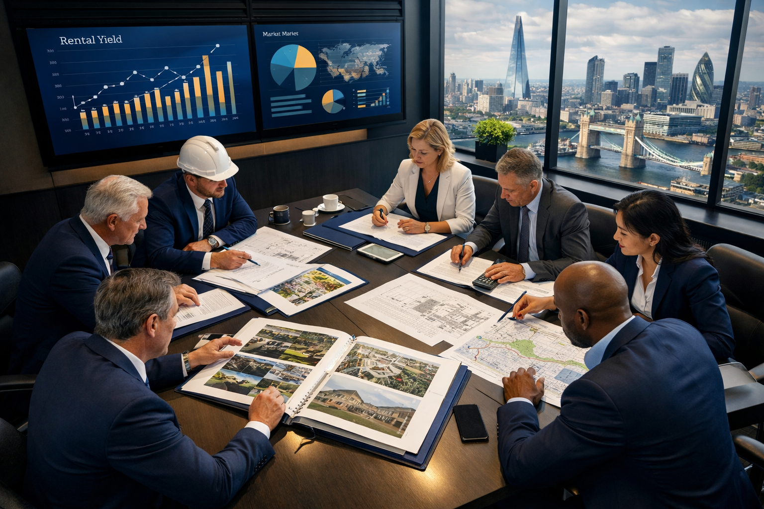 Landscape format (1536x1024) conceptual business image depicting institutional investment strategy meeting, professional team of property in