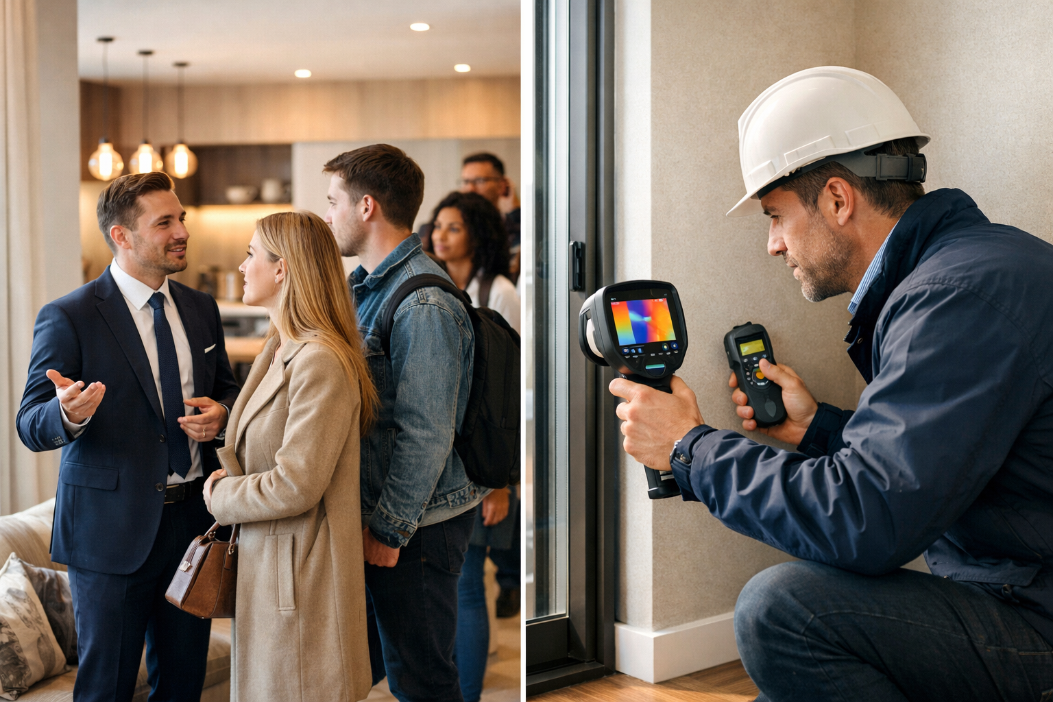 Landscape format (1536x1024) dynamic image showing contrasting property market conditions, split composition featuring on one side a queue o