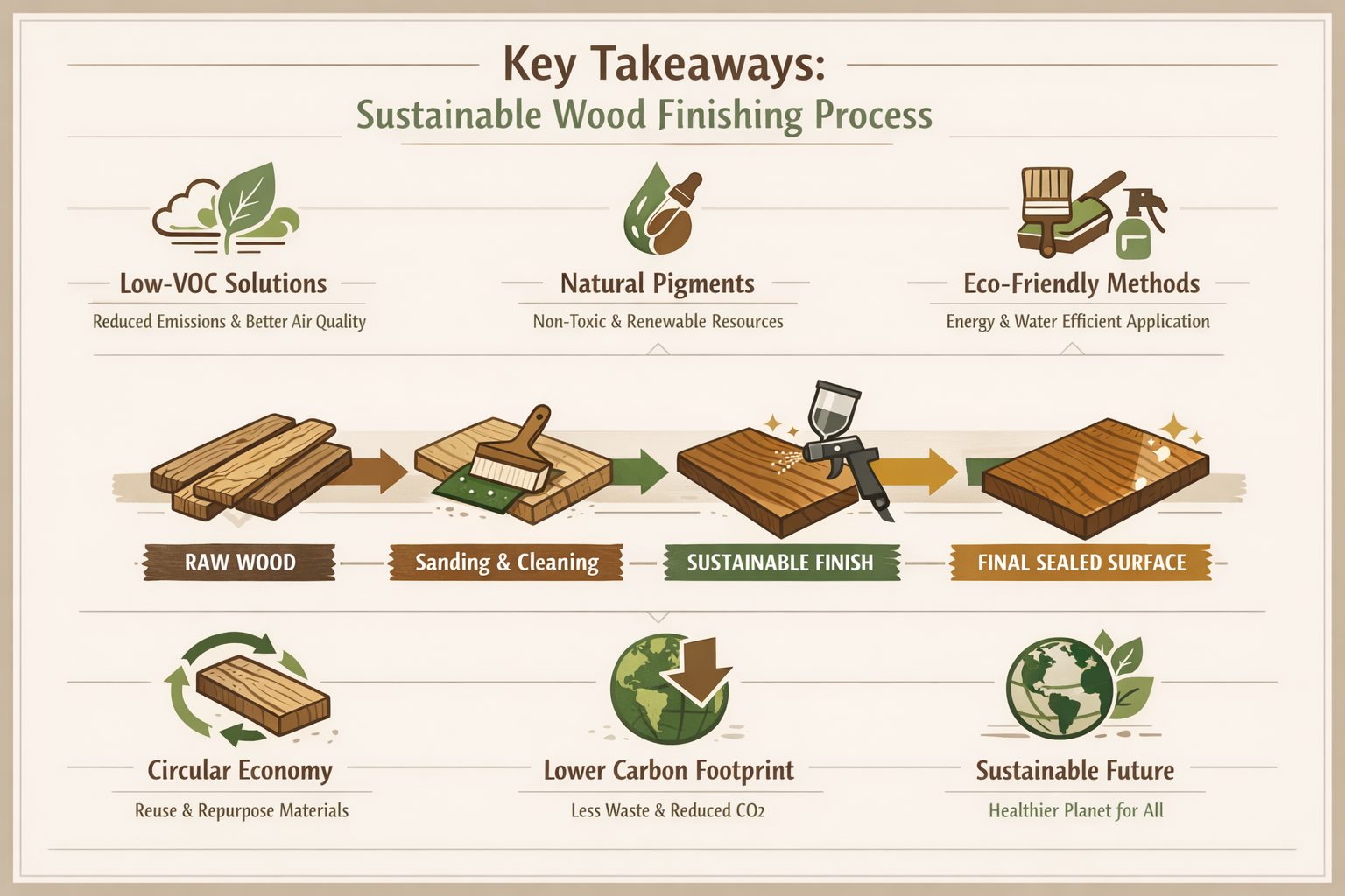 Comprehensive key takeaways infographic visualizing sustainable wood finishing process, featuring minimalist icons representing low-VOC tech