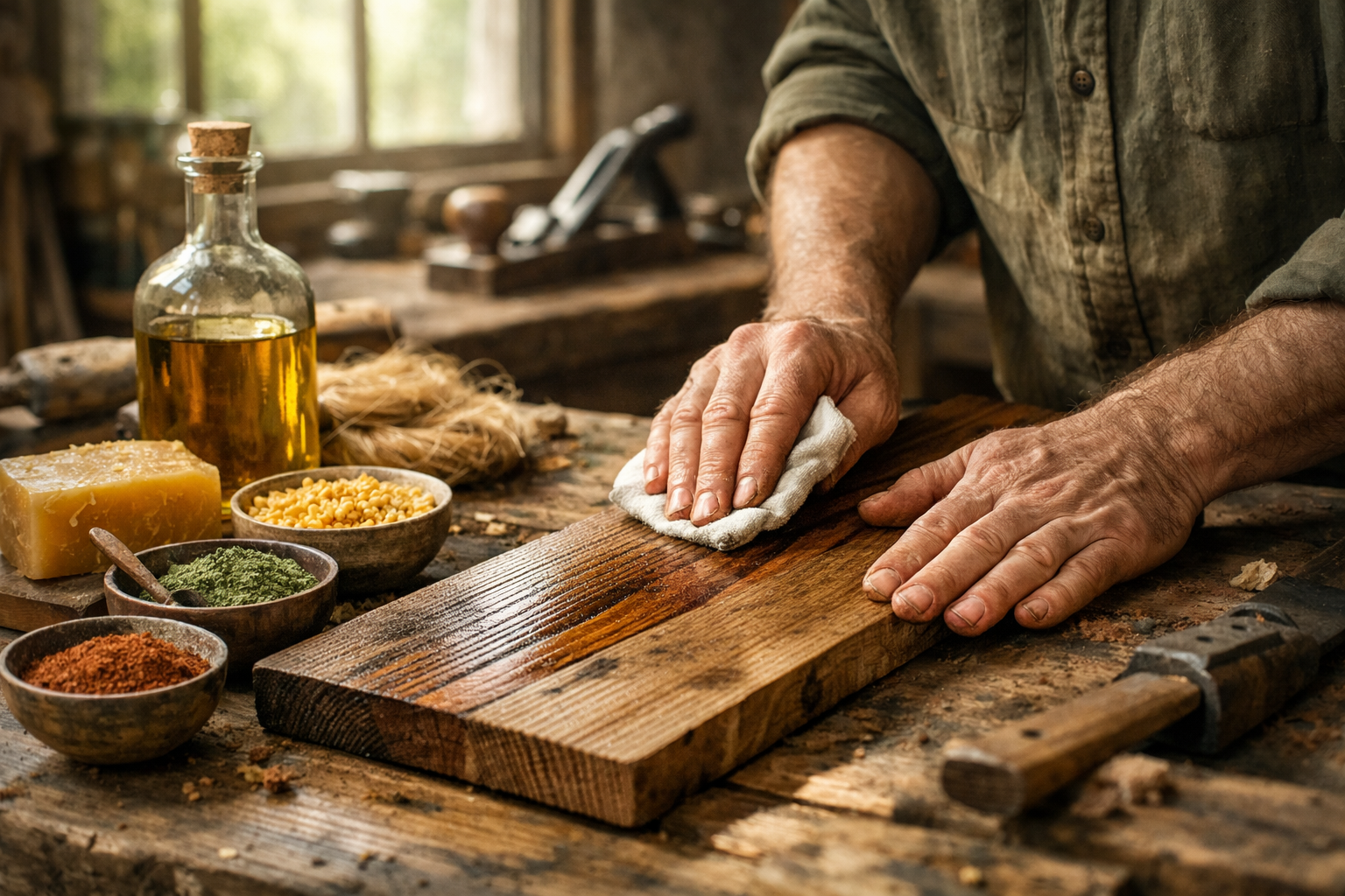 Cinematic editorial-style photography capturing the essence of sustainable wood finishing, featuring a rustic workshop setting with vintage 