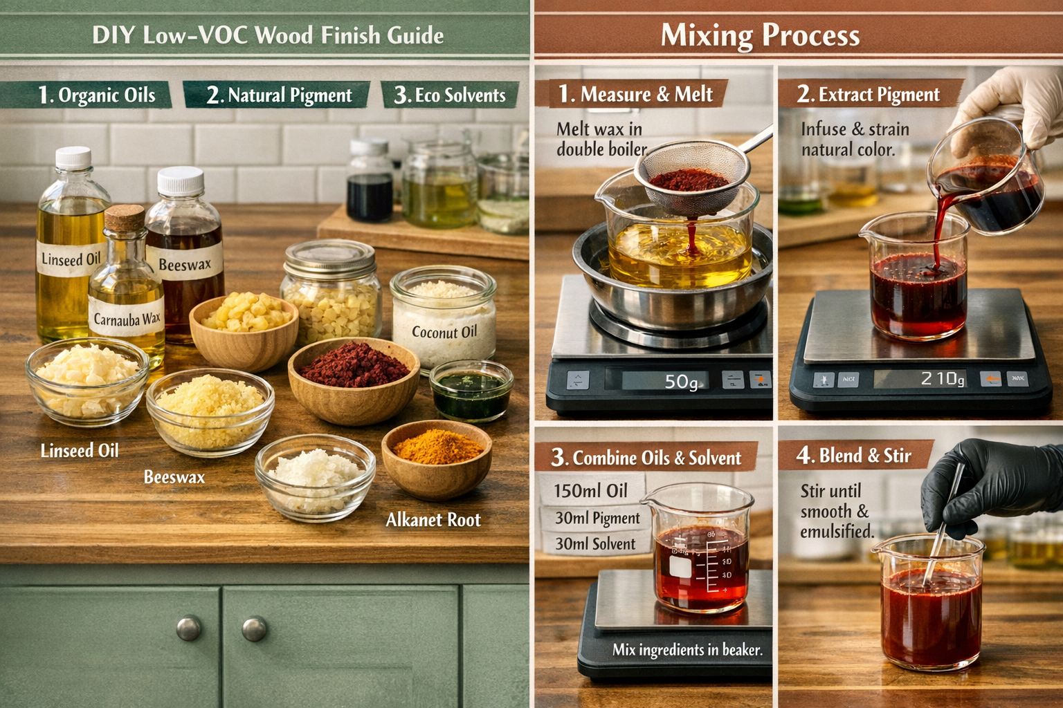 Detailed DIY tutorial visual guide showcasing step-by-step low-VOC wood finishing recipe preparation. Split-screen composition with professi