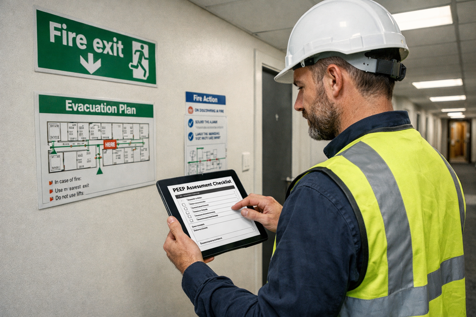 Wide-angle interior shot of a professional chartered surveyor in high-visibility vest and hard hat conducting a Level 3