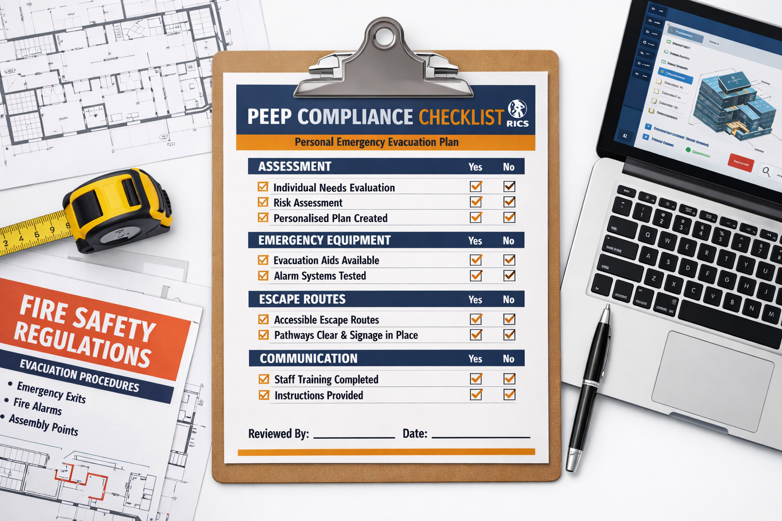 Flat-lay overhead composition of a structured RICS-aligned PEEP compliance checklist on a clipboard surrounded by