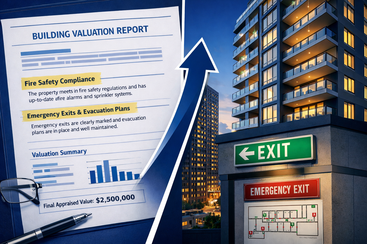 Split-scene image showing left side a building valuation report with highlighted fire safety compliance sections and right