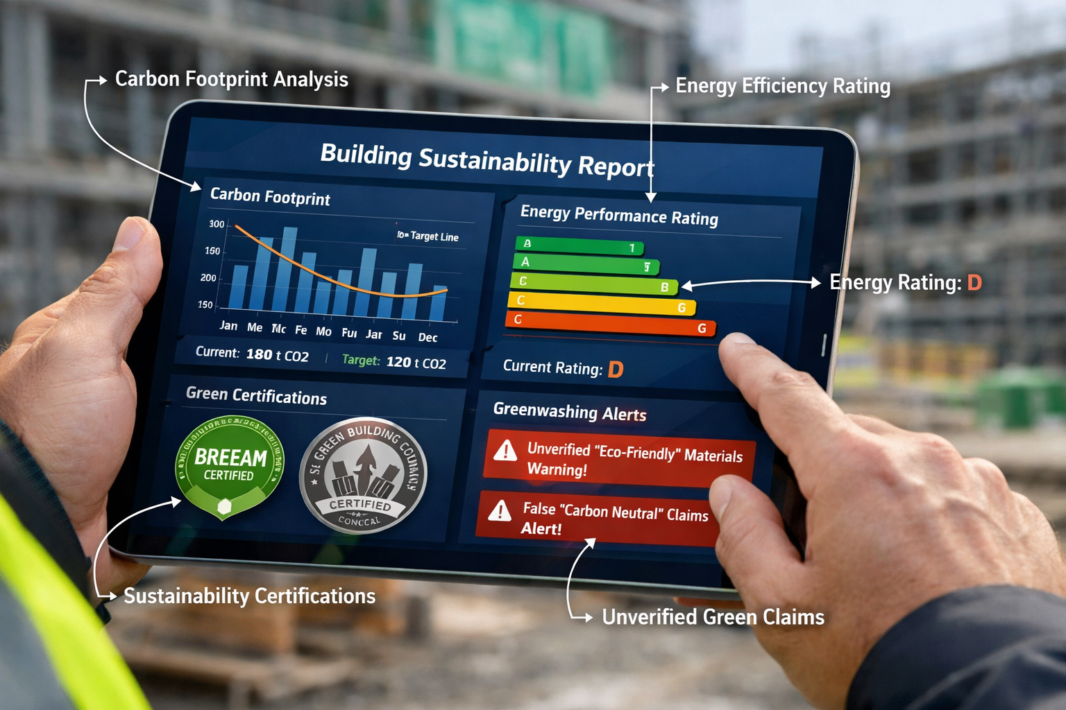 () editorial image showing close-up of professional surveyor's hands holding tablet displaying digital building survey