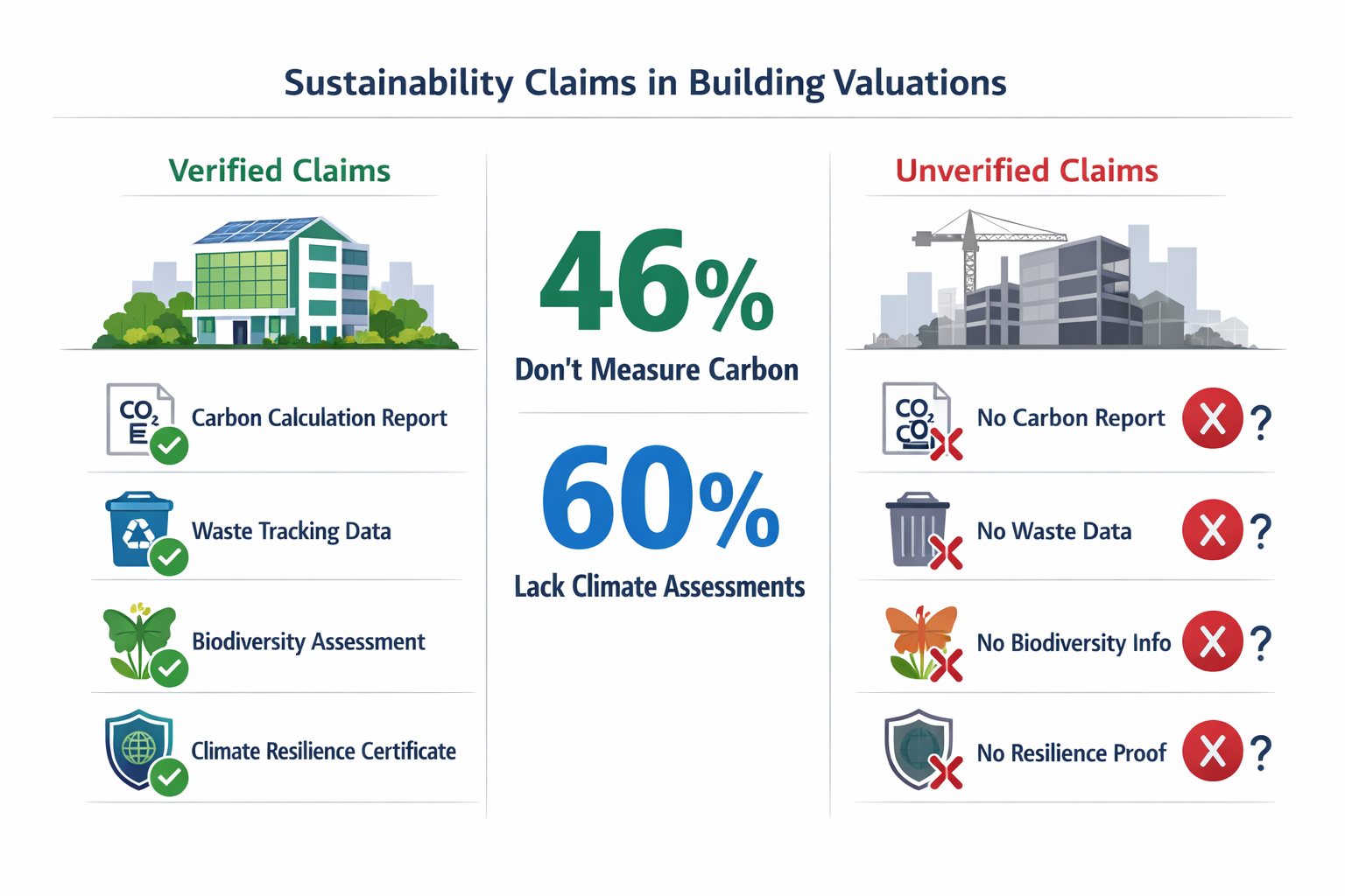 () infographic-style image depicting comparison table of verified versus unverified sustainability claims in building
