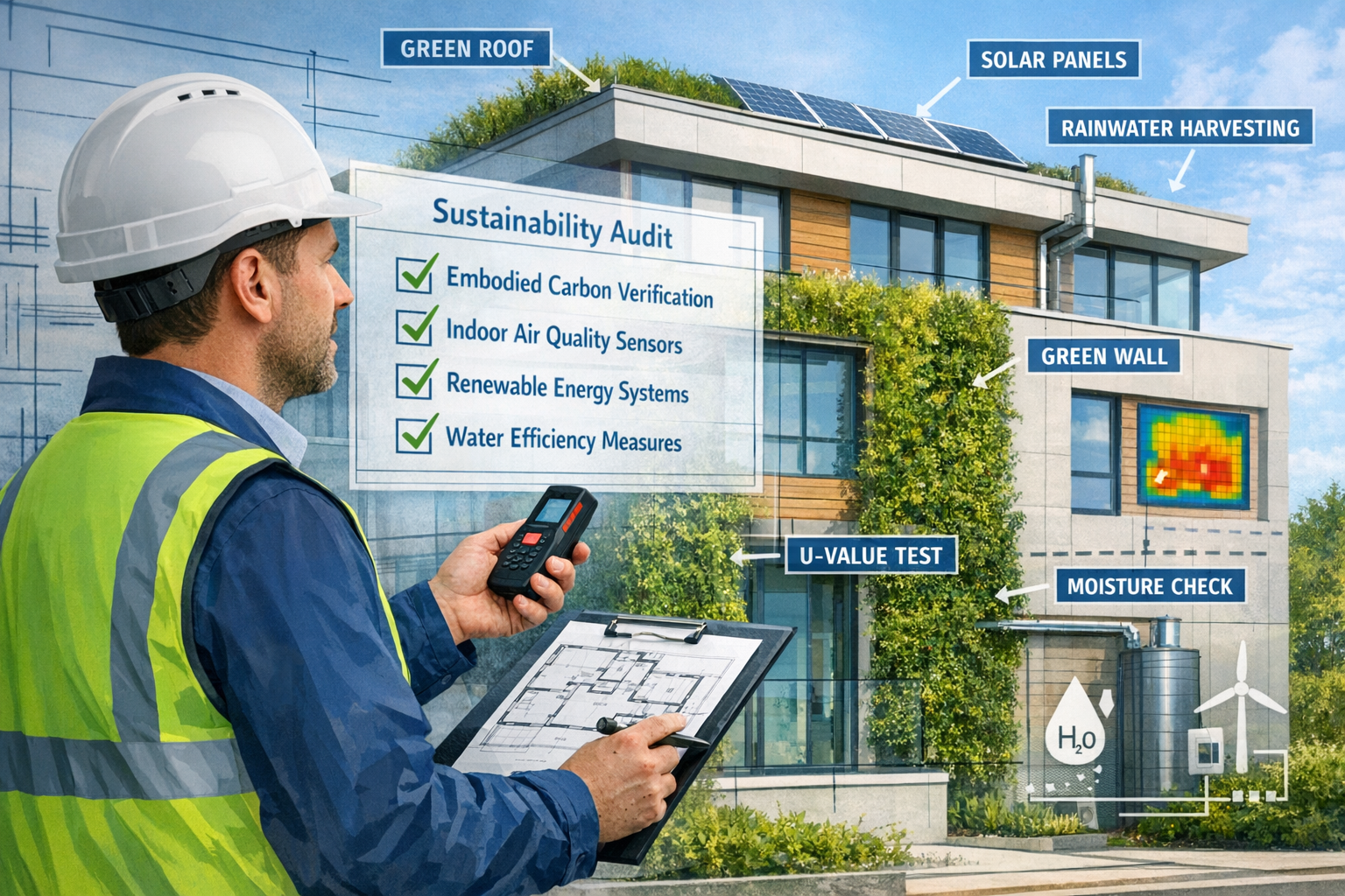 () conceptual image showing modern chartered surveyor conducting Level 3 building survey with sustainability focus.