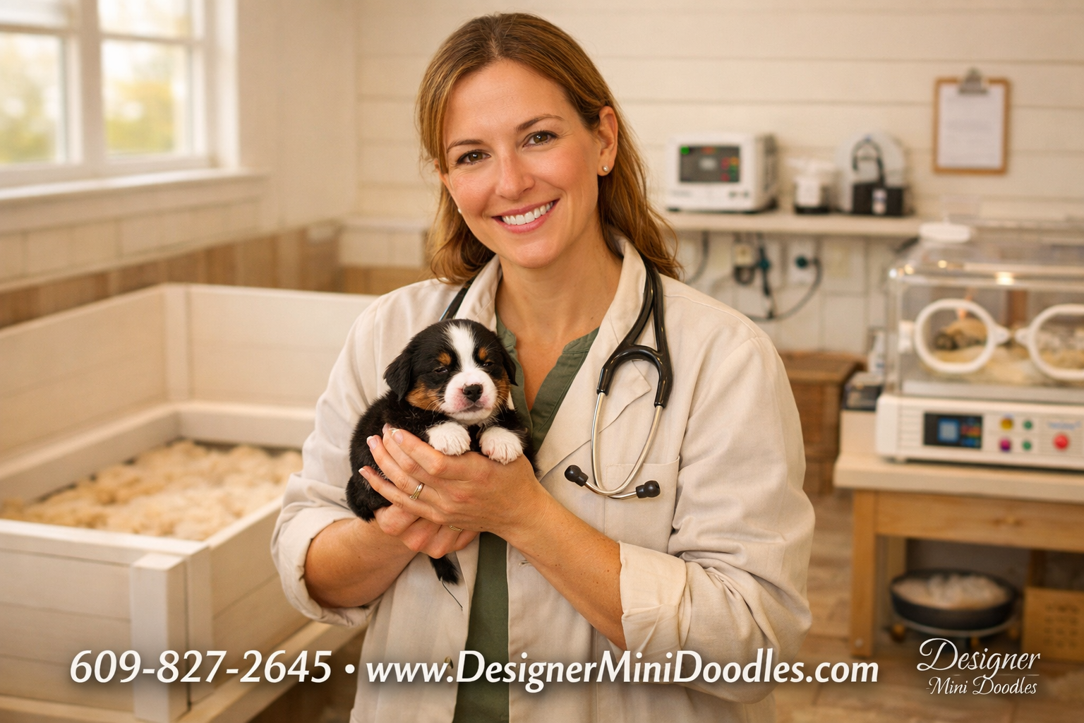 () warm photograph of a professional animal biologist in a clean modern whelping room holding a tiny tri-color Bernese