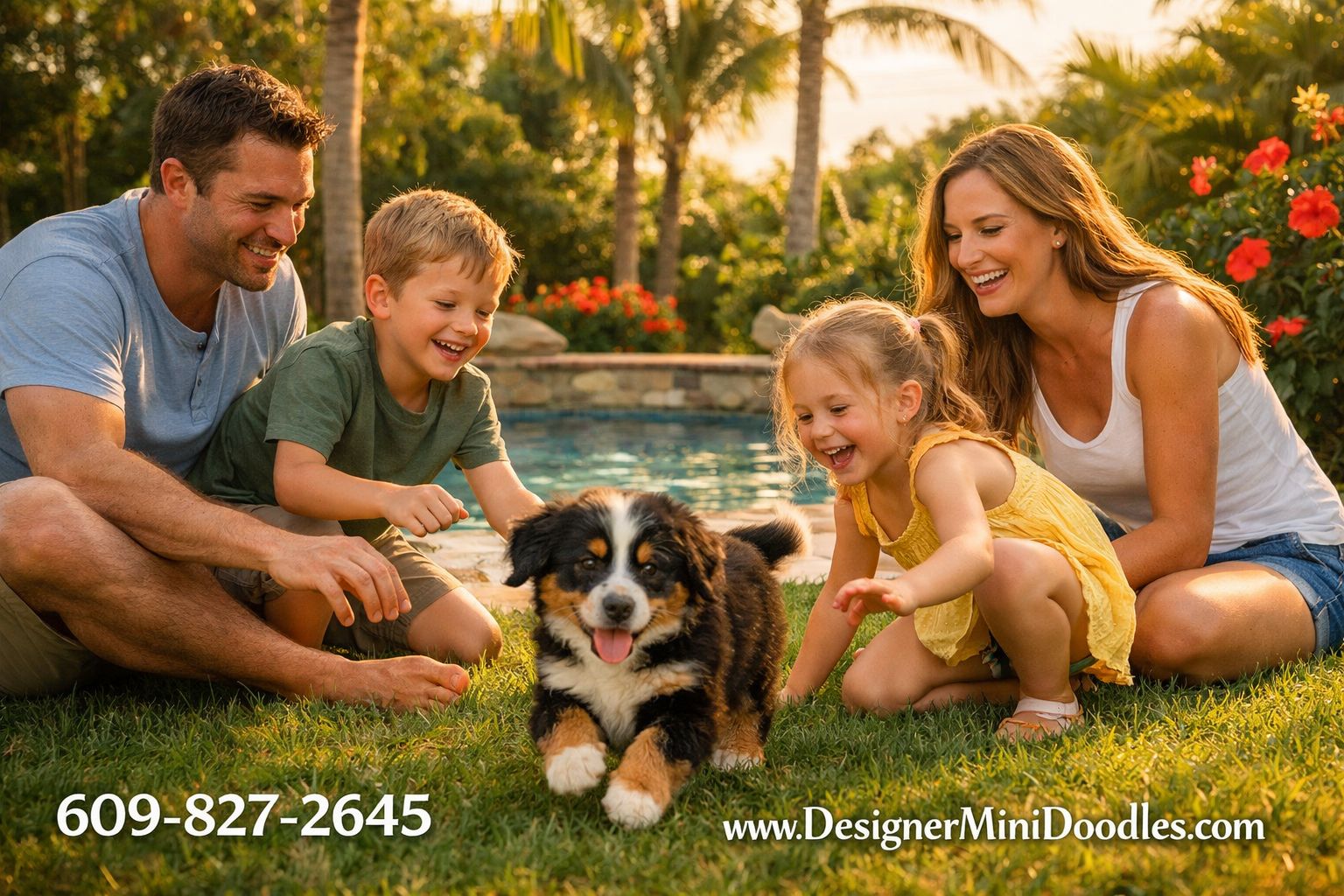 () heartwarming scene of a family with two children playing with a miniature Bernese Mountain Dog puppy in a sunny Florida