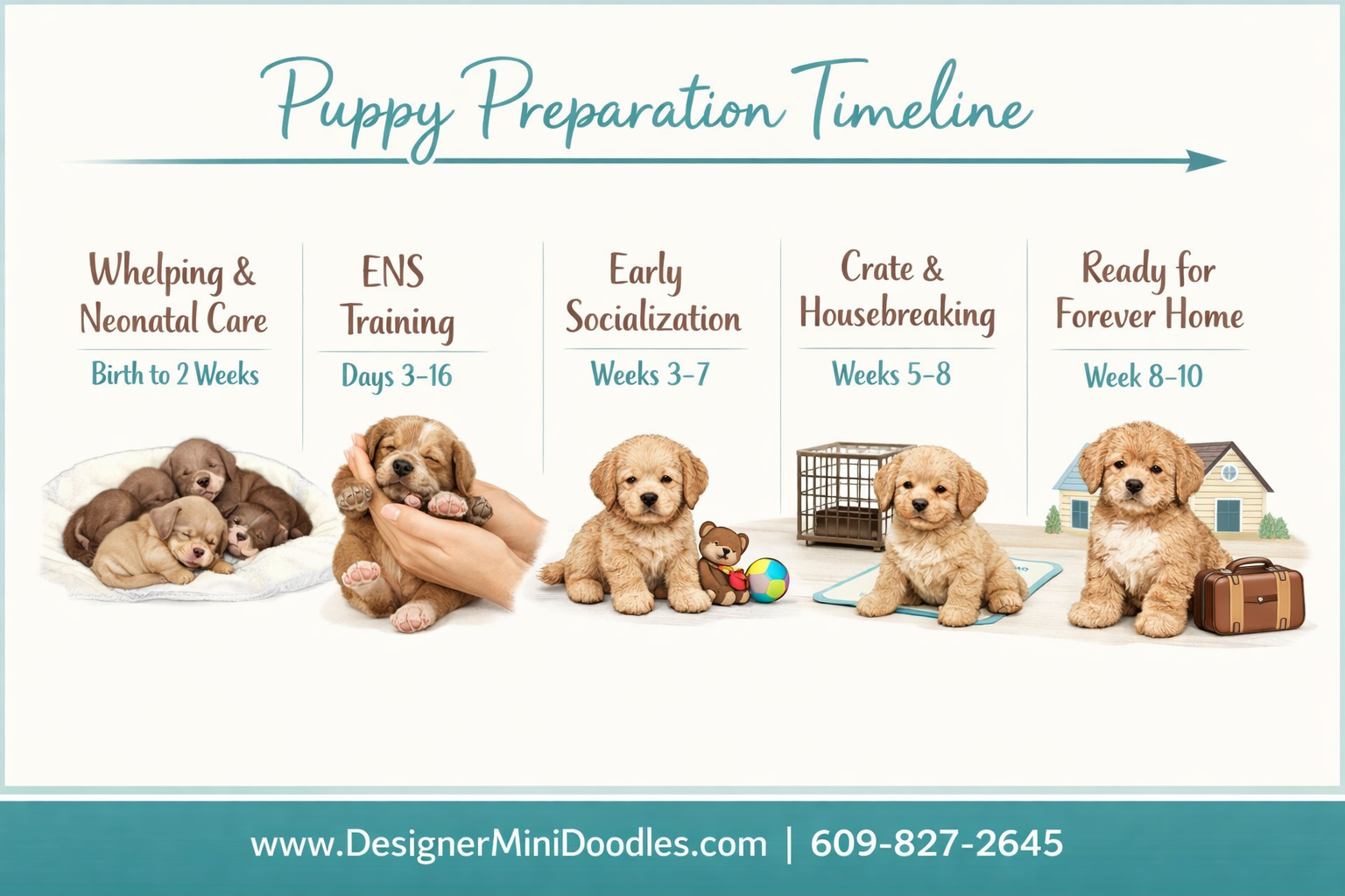 () detailed timeline infographic showing the Designer Mini Doodles puppy preparation process from birth to going home. Steps