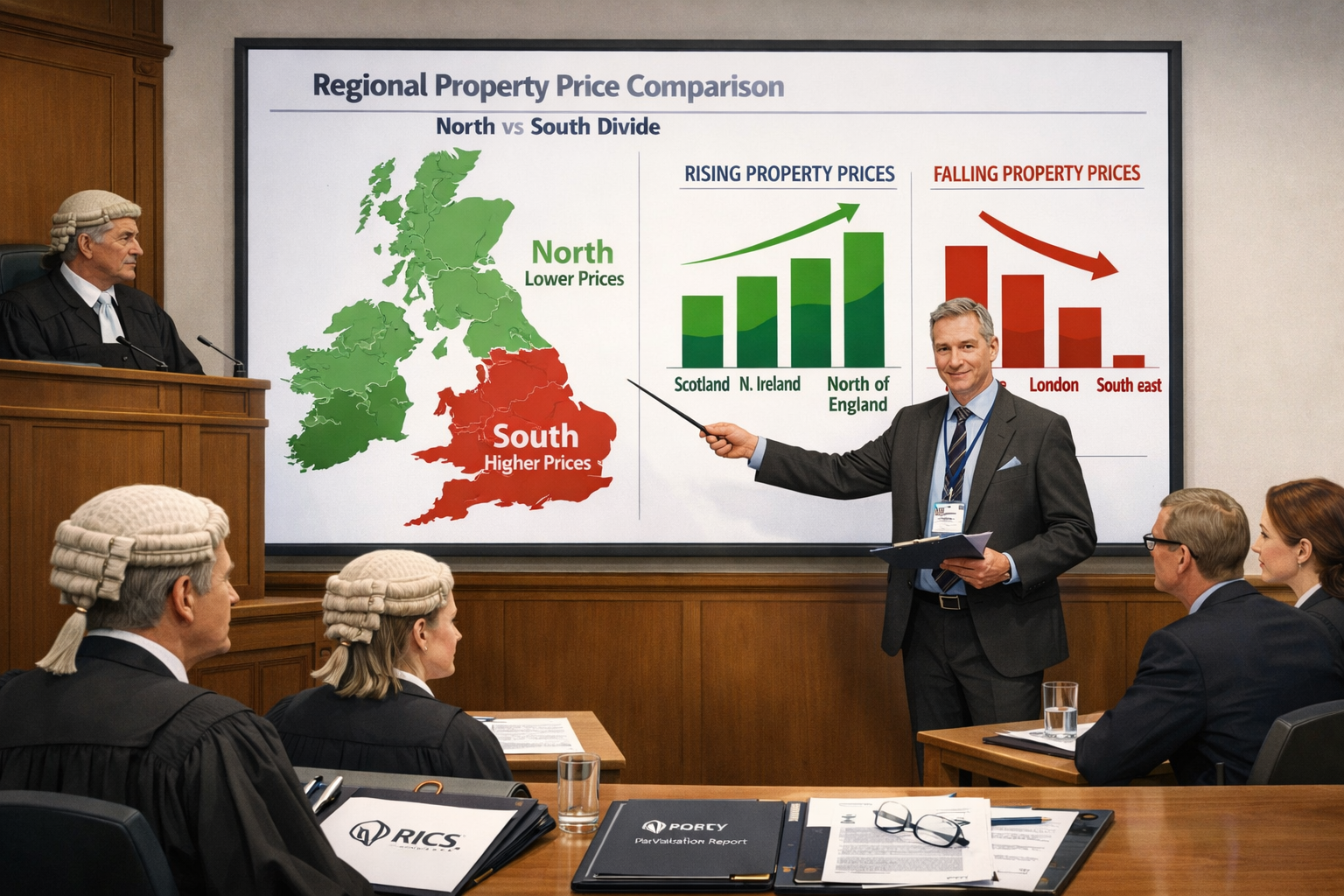 Detailed landscape format (1536x1024) illustration showing courtroom scene with expert witness surveyor presenting valuation evidence, large