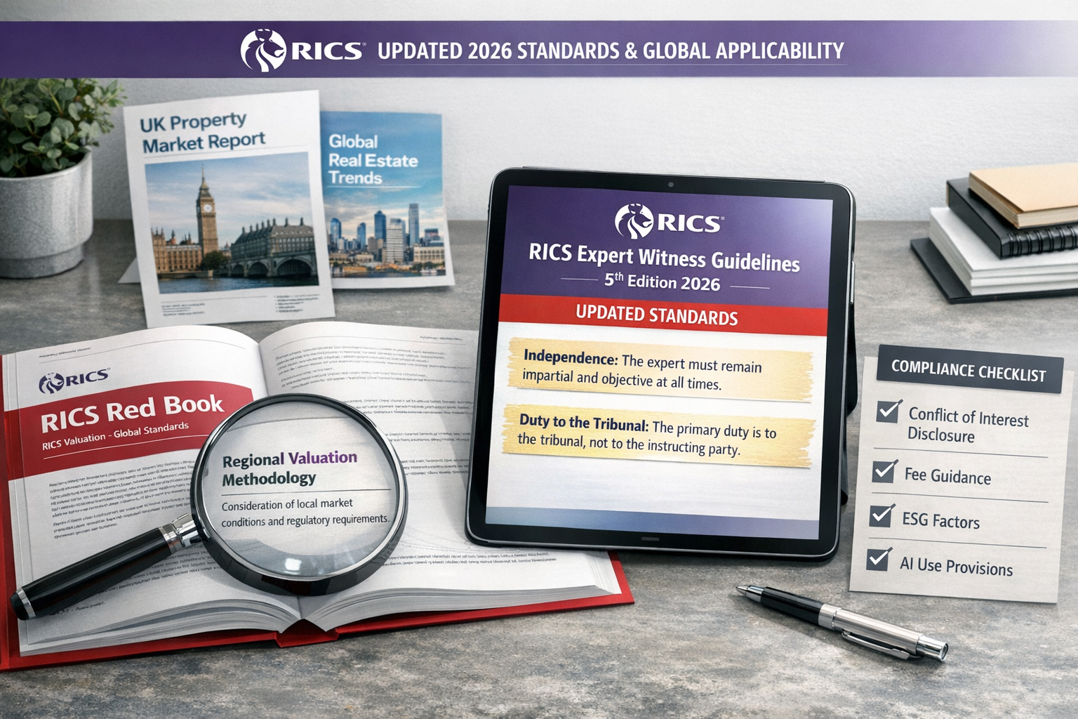 Professional landscape format (1536x1024) infographic-style image displaying RICS Red Book standards documentation open on modern desk, digi
