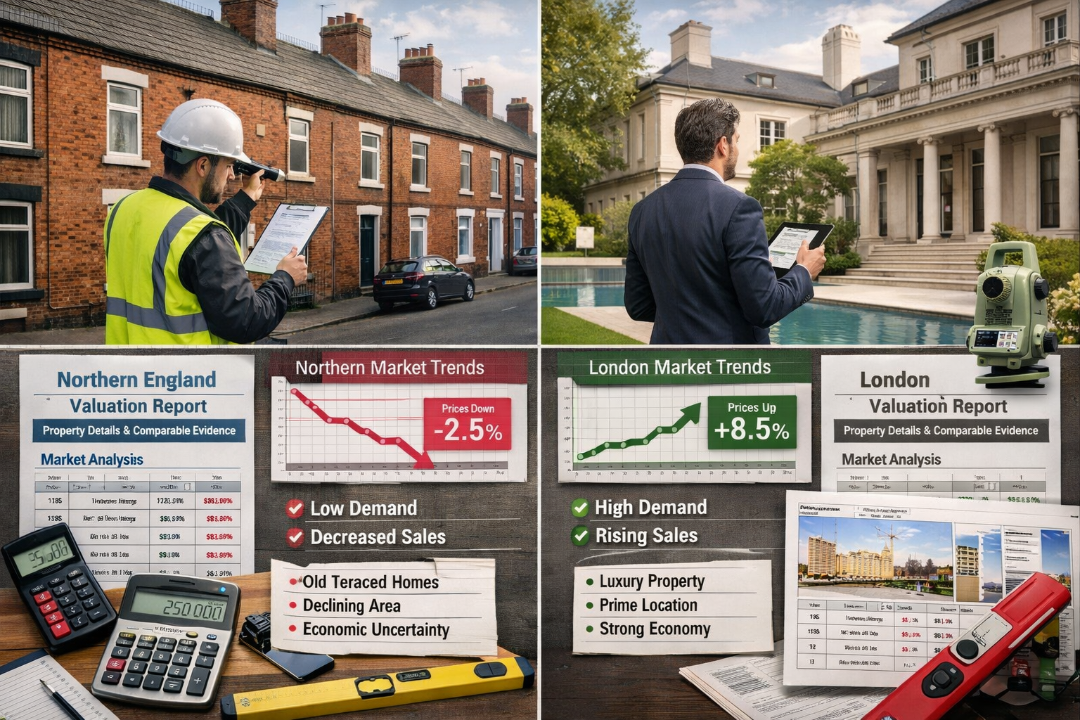 Detailed landscape format (1536x1024) composite image showing professional surveyor conducting property inspection in Northern England terra