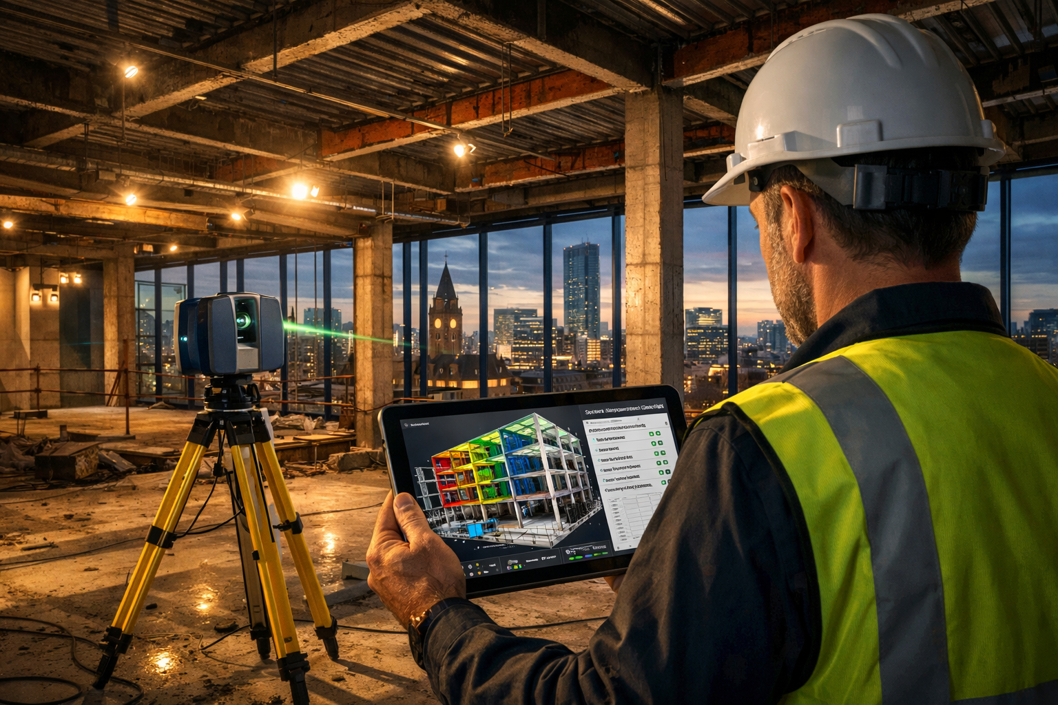 Detailed () image showing professional chartered surveyor in high-visibility vest and hard hat conducting structural