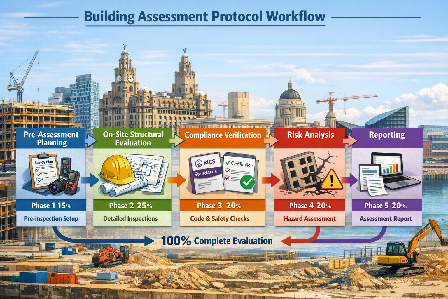 Comprehensive () infographic illustration displaying building assessment protocol workflow diagram with five distinct