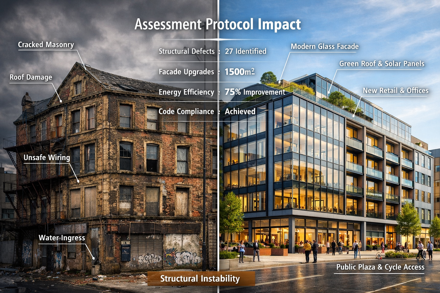 Striking () split-screen comparison image showing 'before and after' transformation of Northern England institutional