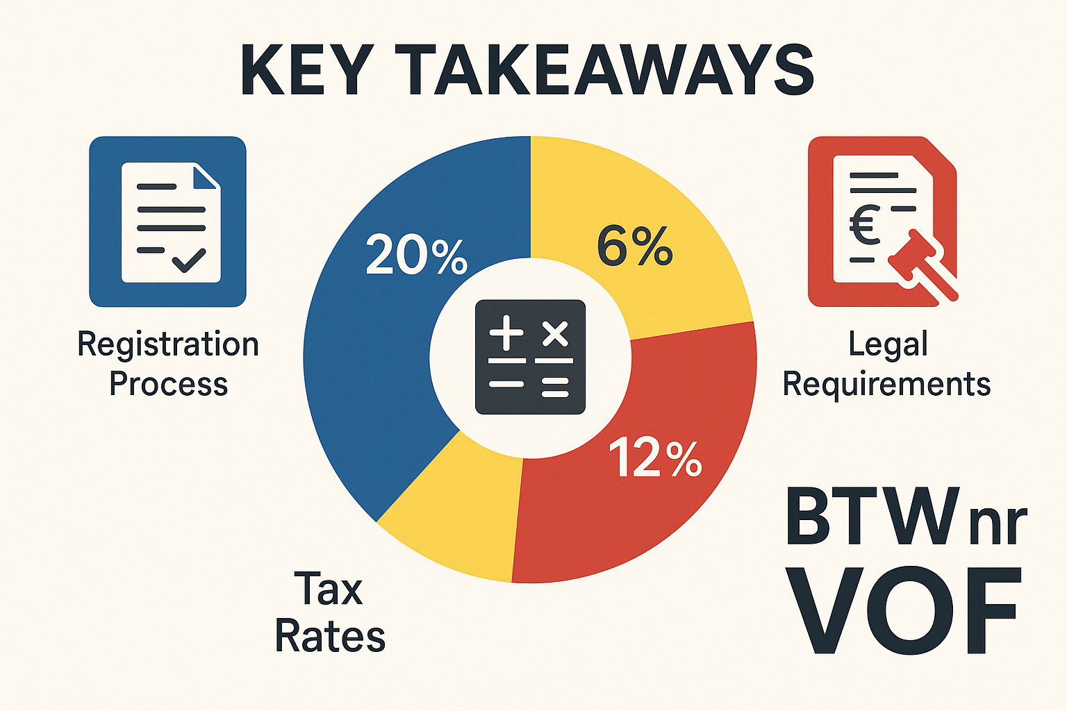 BTW Nummer VOF in België - Alles Wat Je Moet Weten 1 Infographic-style landscape image representing 'Key Takeaways' for BTW nummer VOF, featuring abstract geometric icons symbolizing business r