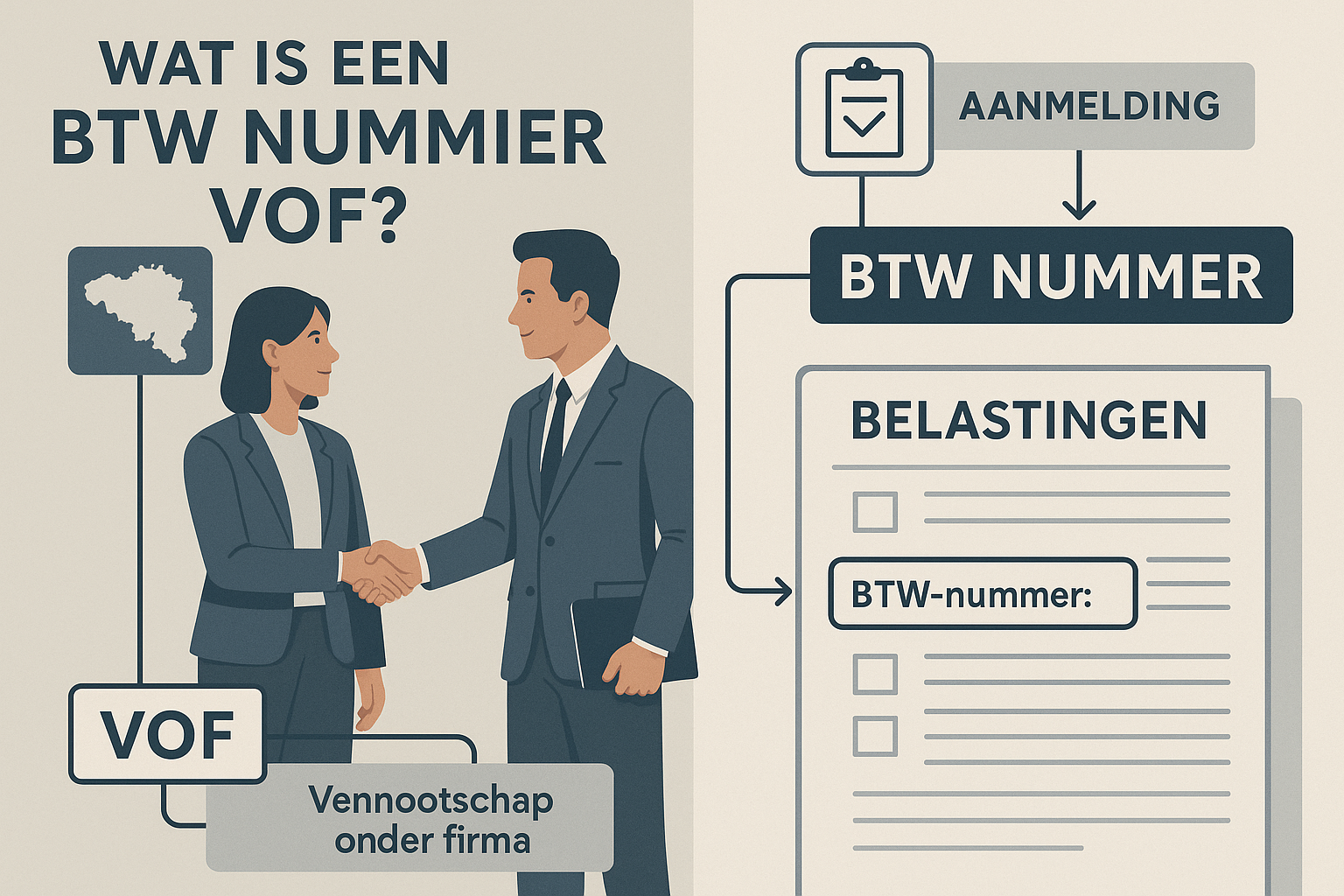 BTW Nummer VOF in België - Alles Wat Je Moet Weten 2 Professional financial illustration depicting 'Wat is een BTW Nummer VOF?' with detailed visual explanation. Split-screen composition showin
