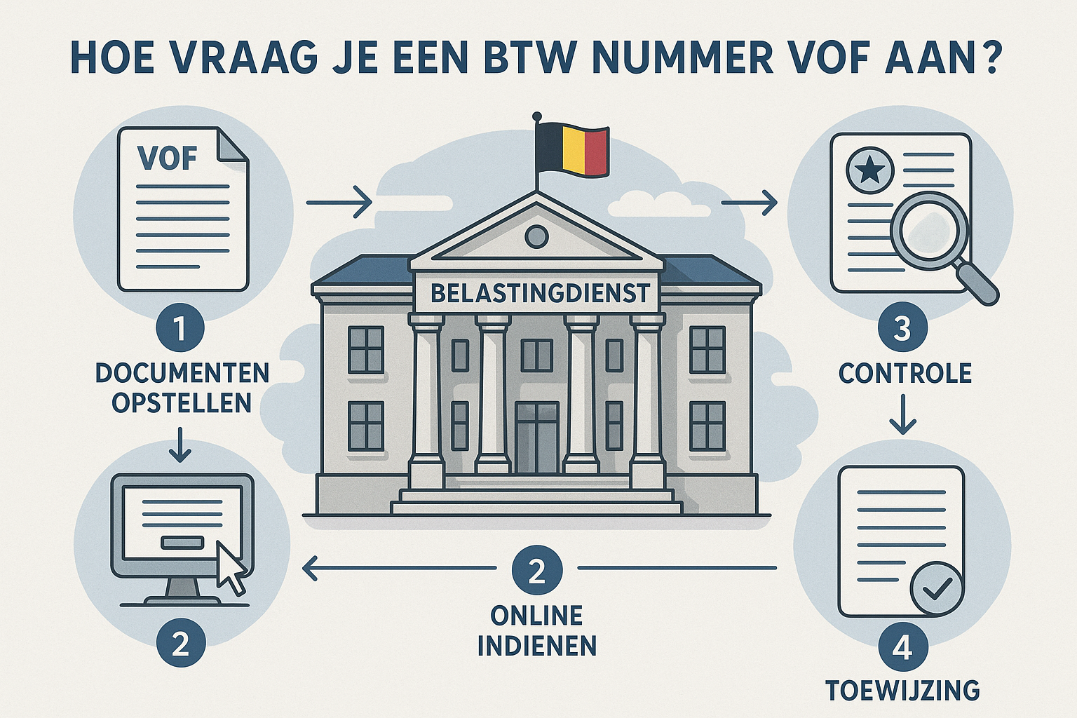 BTW Nummer VOF in België - Alles Wat Je Moet Weten 4 Step-by-step visual guide for 'Hoe Vraag Je een BTW Nummer VOF Aan?' Landscape illustration showing administrative process with sequential i