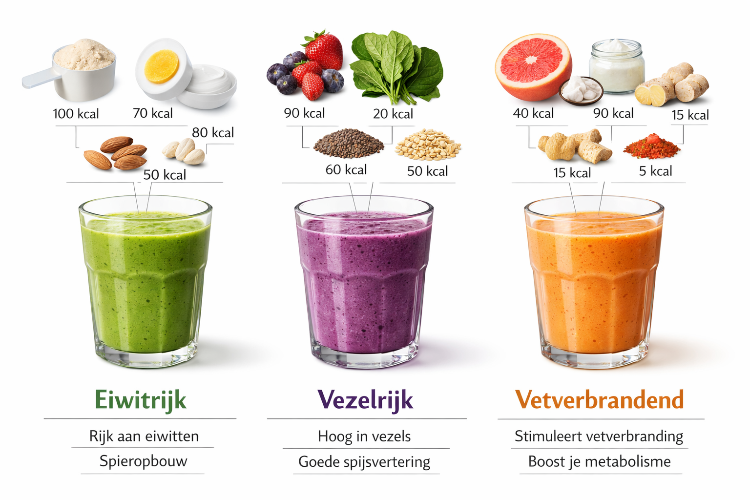 Detailed infographic-style landscape image showing three different smoothie glasses side by side labeled 'Eiwitrijk', 'Vezelrijk', and 'Vetv