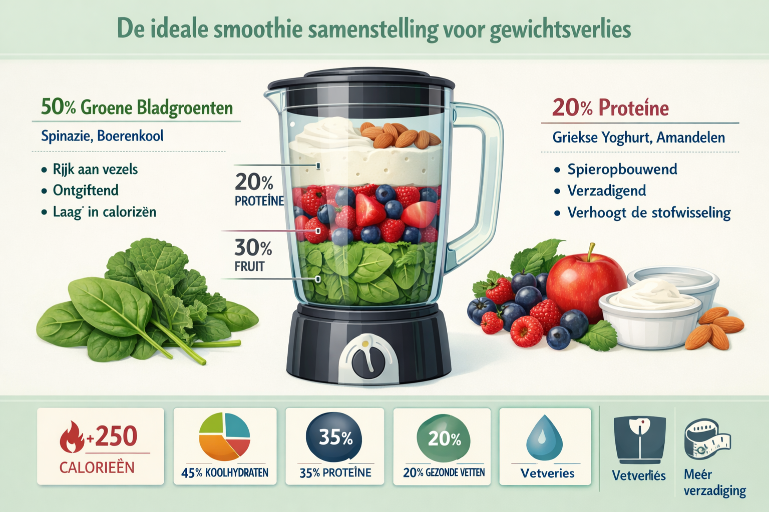 Detailed nutritional infographic illustrating 'De ideale smoothie samenstelling voor gewichtsverlies', featuring a large blender with cross-