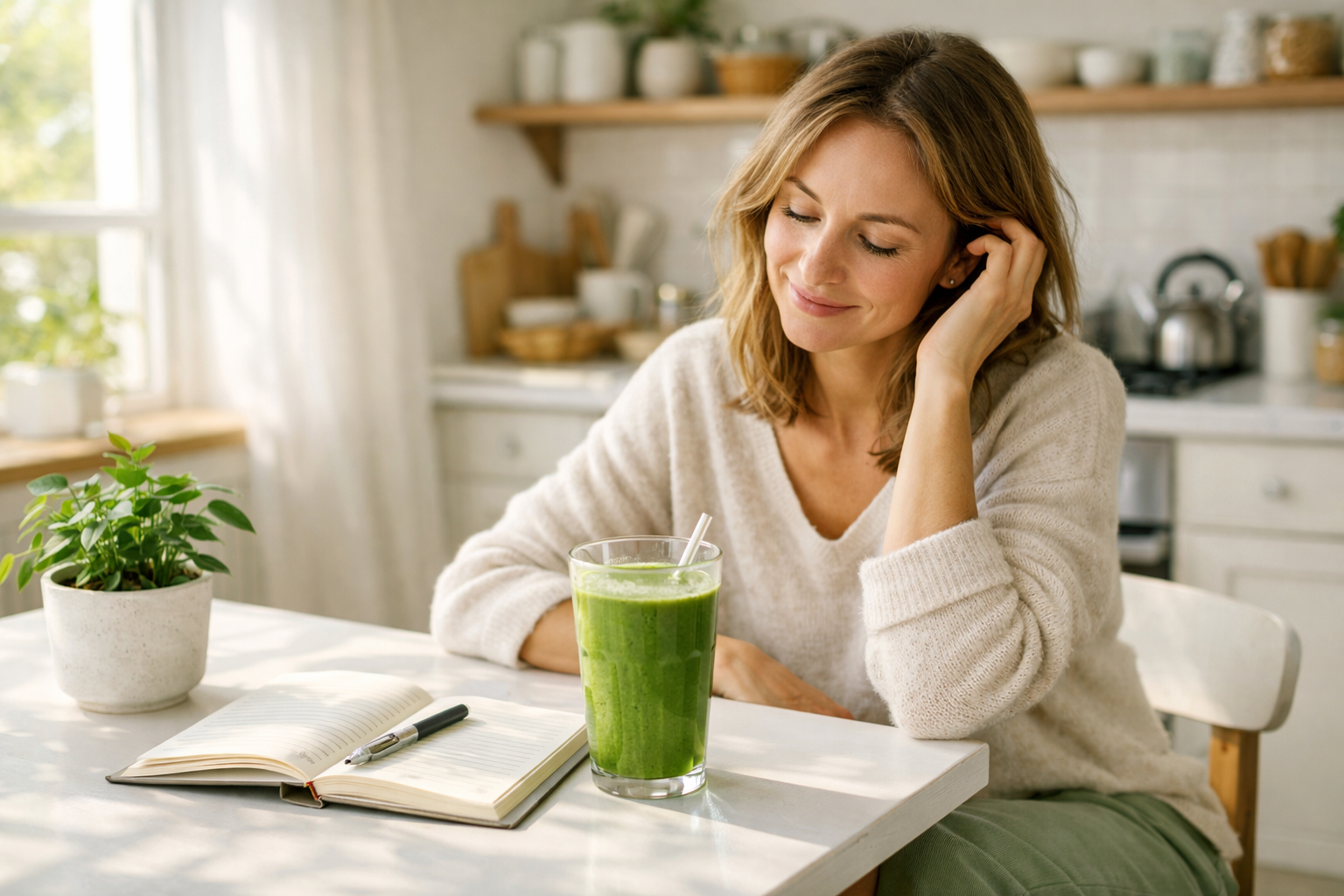 Lifestyle photograph in landscape format showing relaxed morning scene: woman in comfortable clothing sitting at bright kitchen table with l