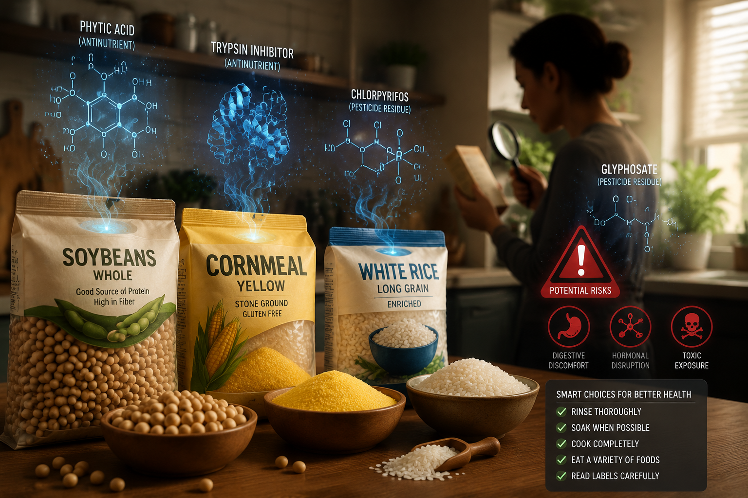 () kitchen counter scene showing common imported food products — bags of soybeans, cornmeal, rice — with a transparent