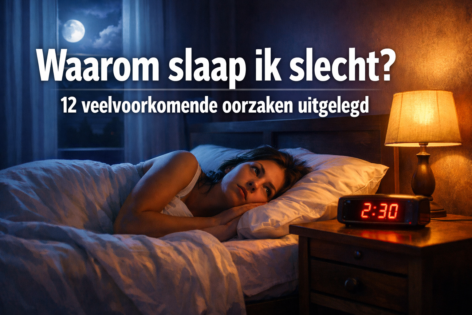 Professional landscape format (1536x1024) hero image featuring bold text overlay 'Waarom slaap ik slecht? 12 veelvoorkomende oorzaken uitgel