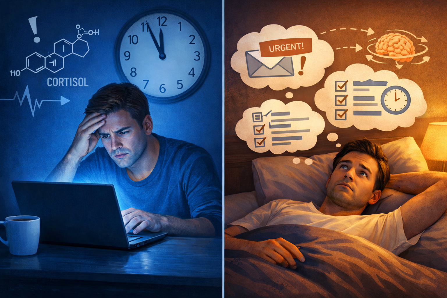 Landscape format (1536x1024) editorial image showing split-screen comparison: left side displays stressed person at laptop late evening with