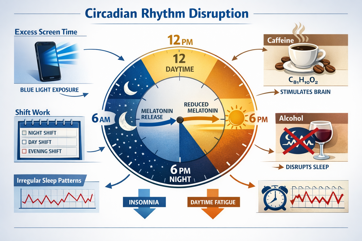 Landscape format (1536x1024) detailed infographic showing circadian rhythm disruption: central circular clock diagram with 24-hour cycle, sm