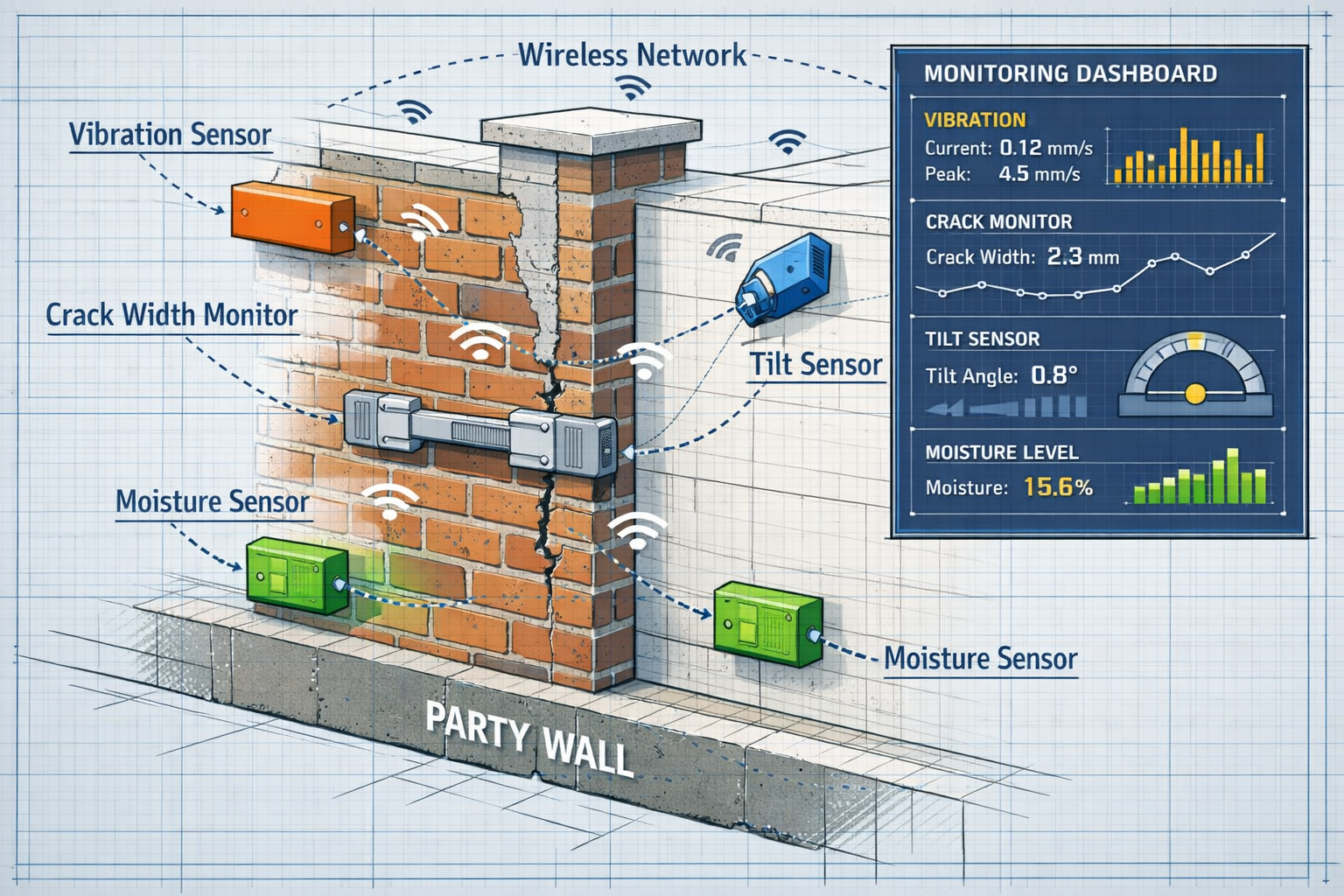 () detailed illustration showing cross-section view of party wall with multiple sensor types installed: vibration sensors in