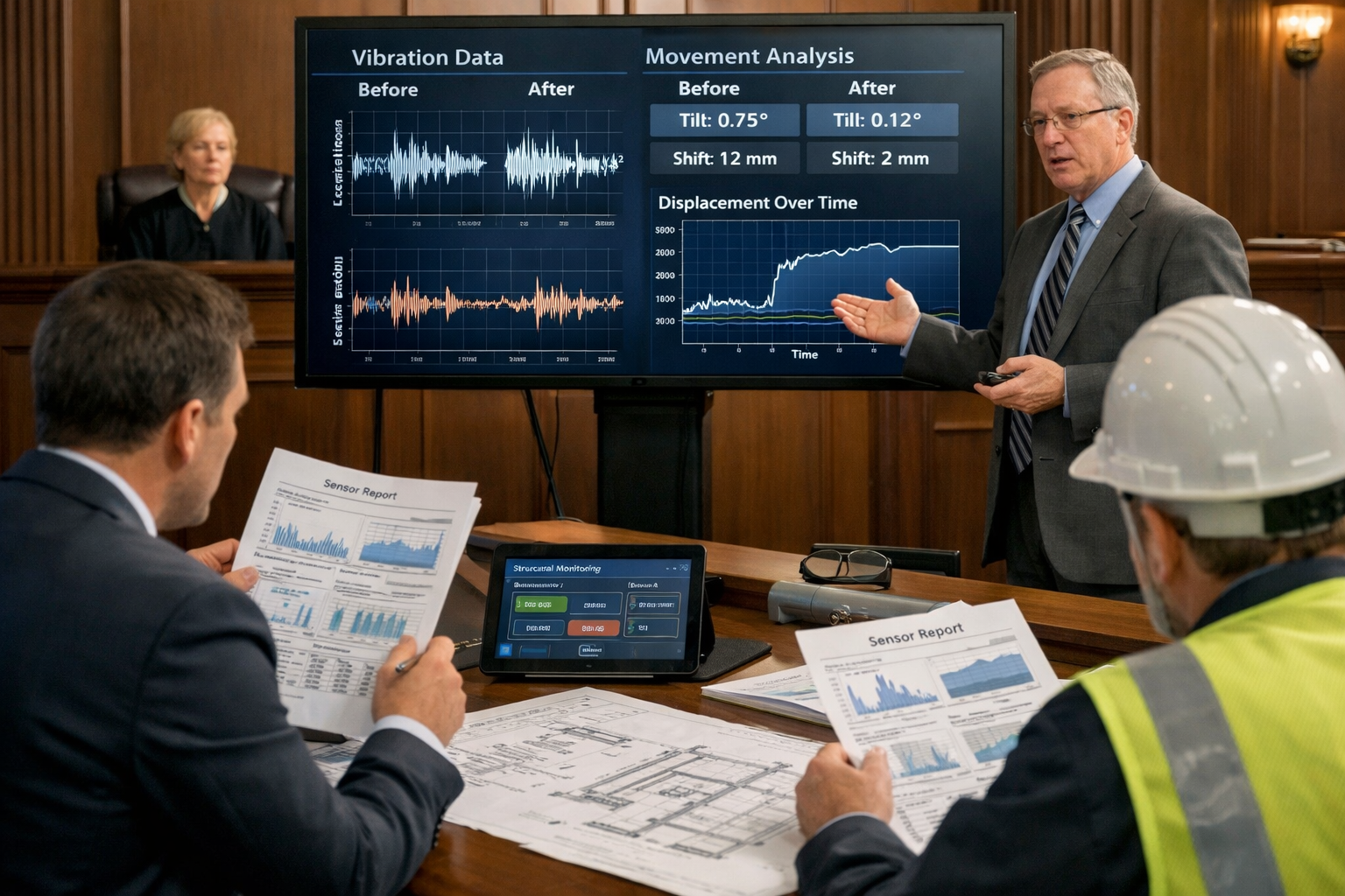 () professional courtroom or legal office scene showing expert witness presenting evidence on large display screen featuring