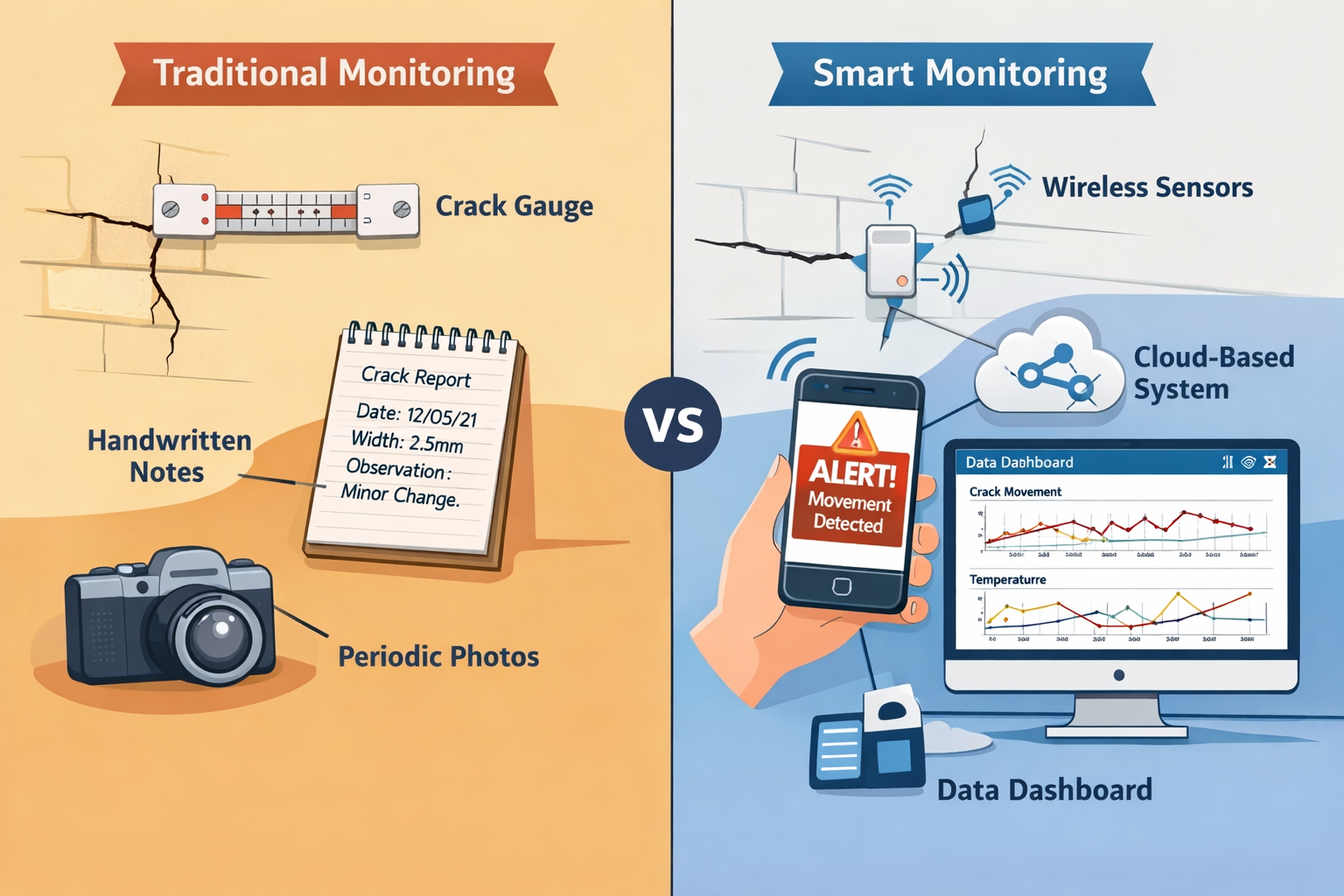 () split-screen comparison showing traditional party wall monitoring method on left (manual crack gauges, handwritten notes,