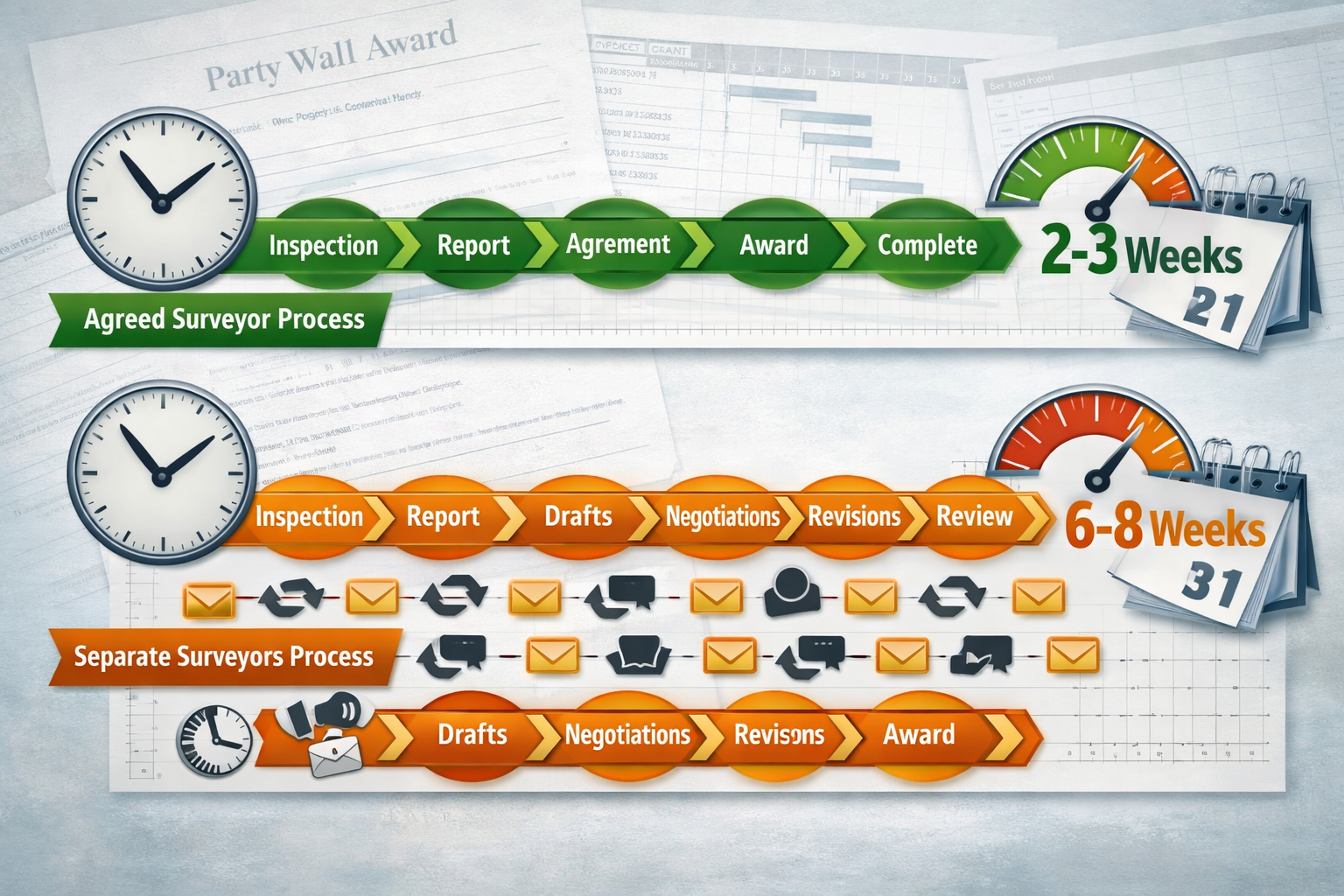 Detailed () image illustrating timeline comparison concept with two parallel horizontal timelines: top timeline shows agreed