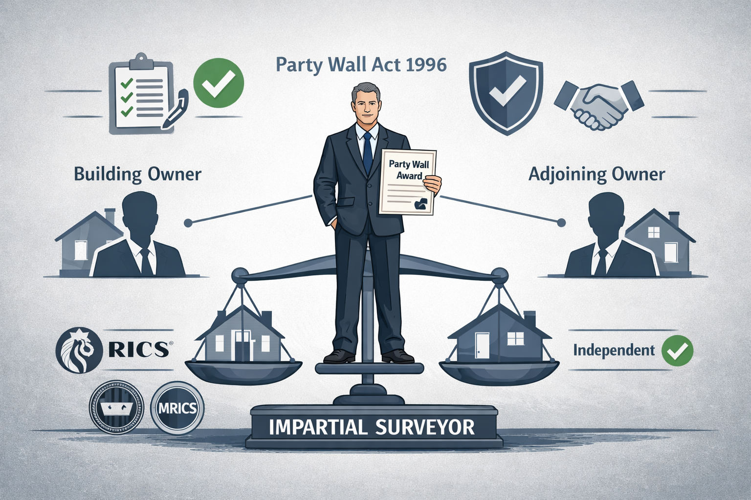 Detailed () image depicting impartiality and neutrality concept with central professional surveyor figure standing at