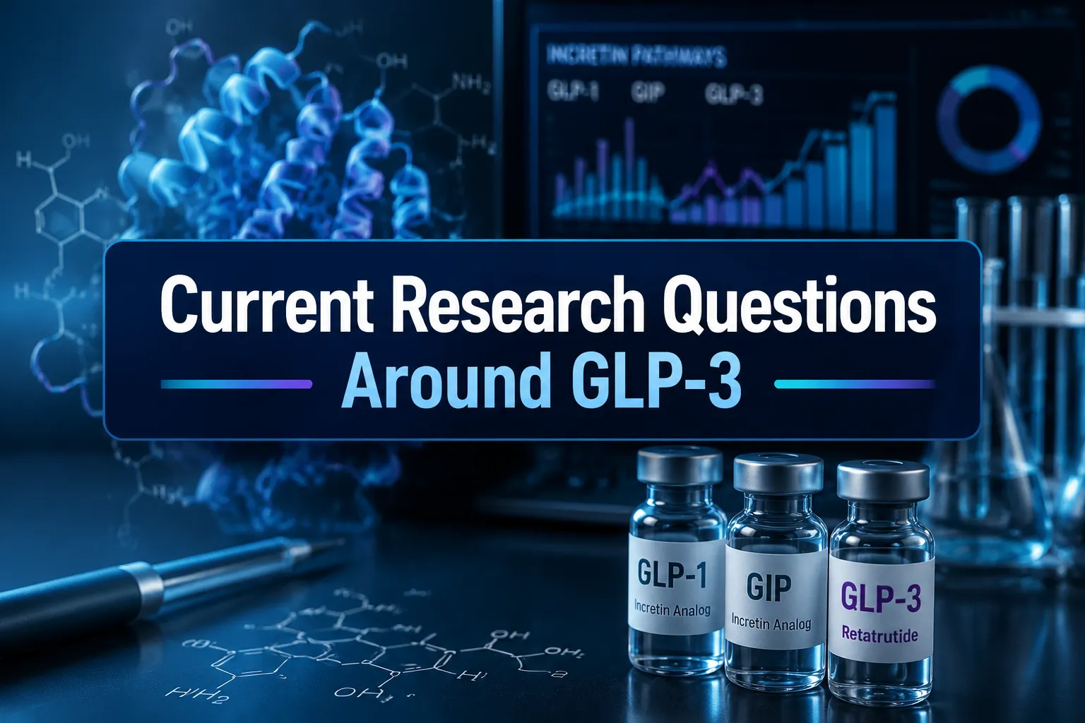 Professional landscape hero image () with a reading "Current Research Questions Around GLP-3". CRITICAL TYPOGRAPHY RULES: