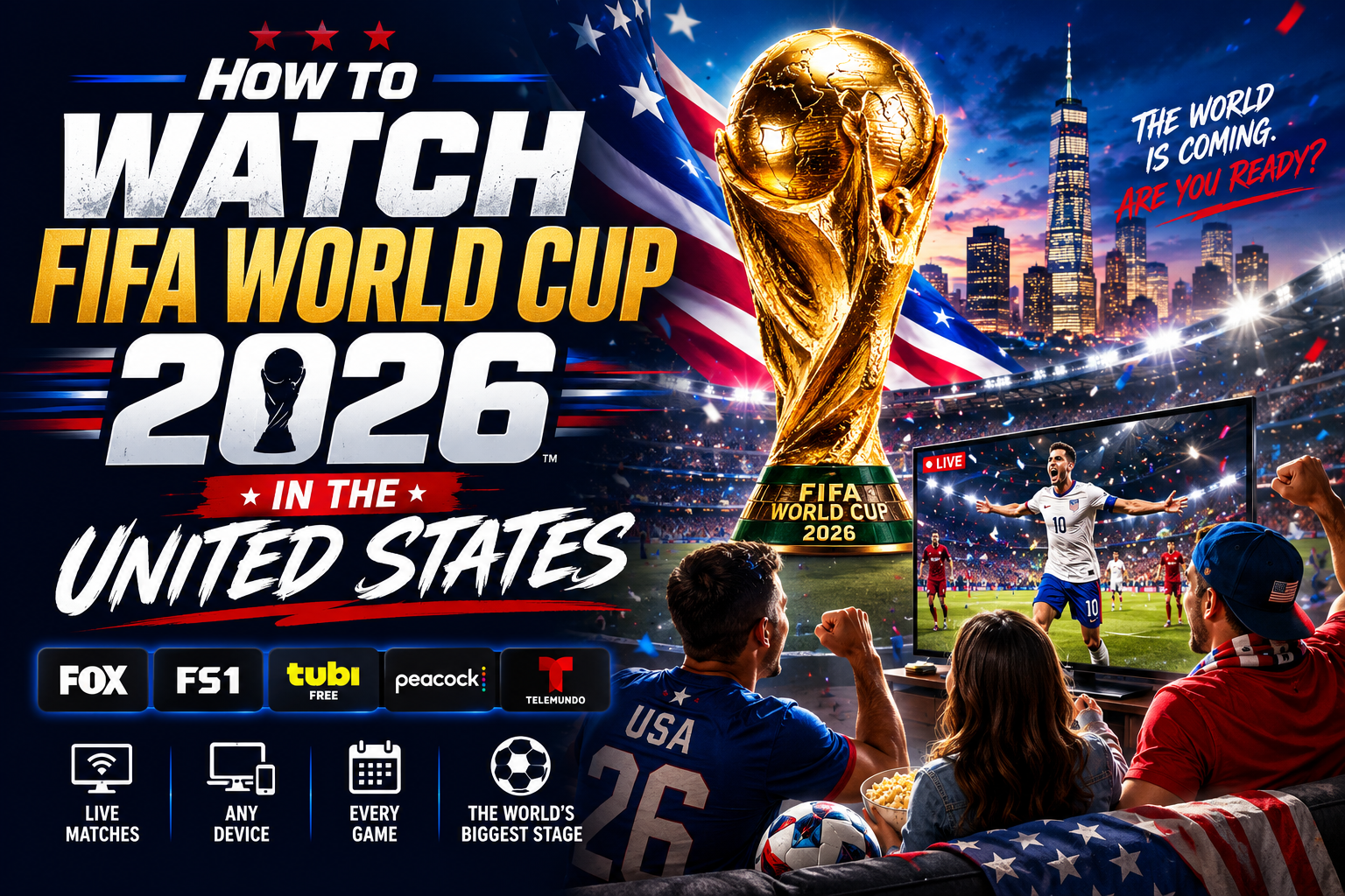 "How to Watch FIFA World Cup 2026 in the United States". Modern design, , , aesthetic. Background imagery relevant to: How